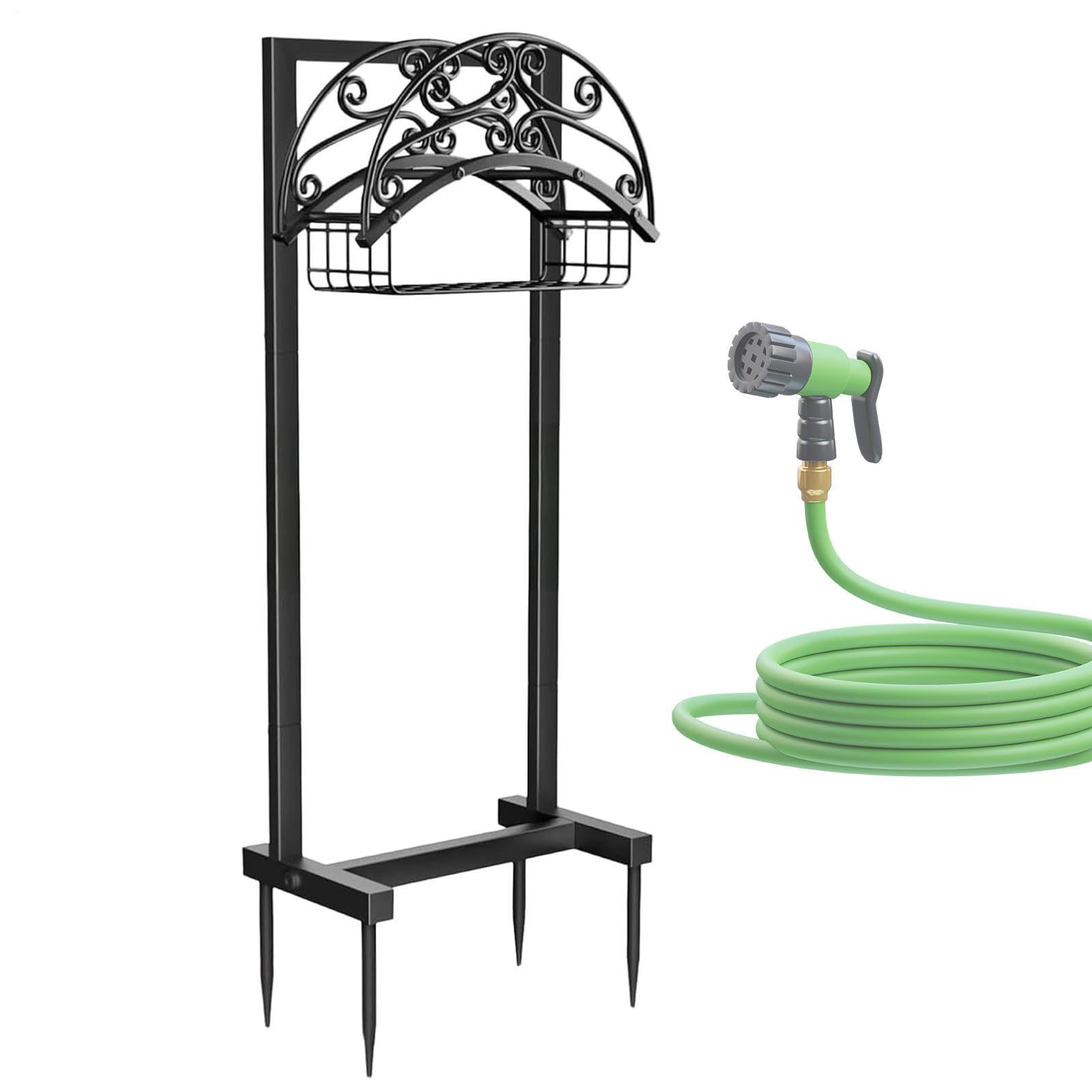 Soporte de manguera resistente y estable con cesta de almacenamiento
