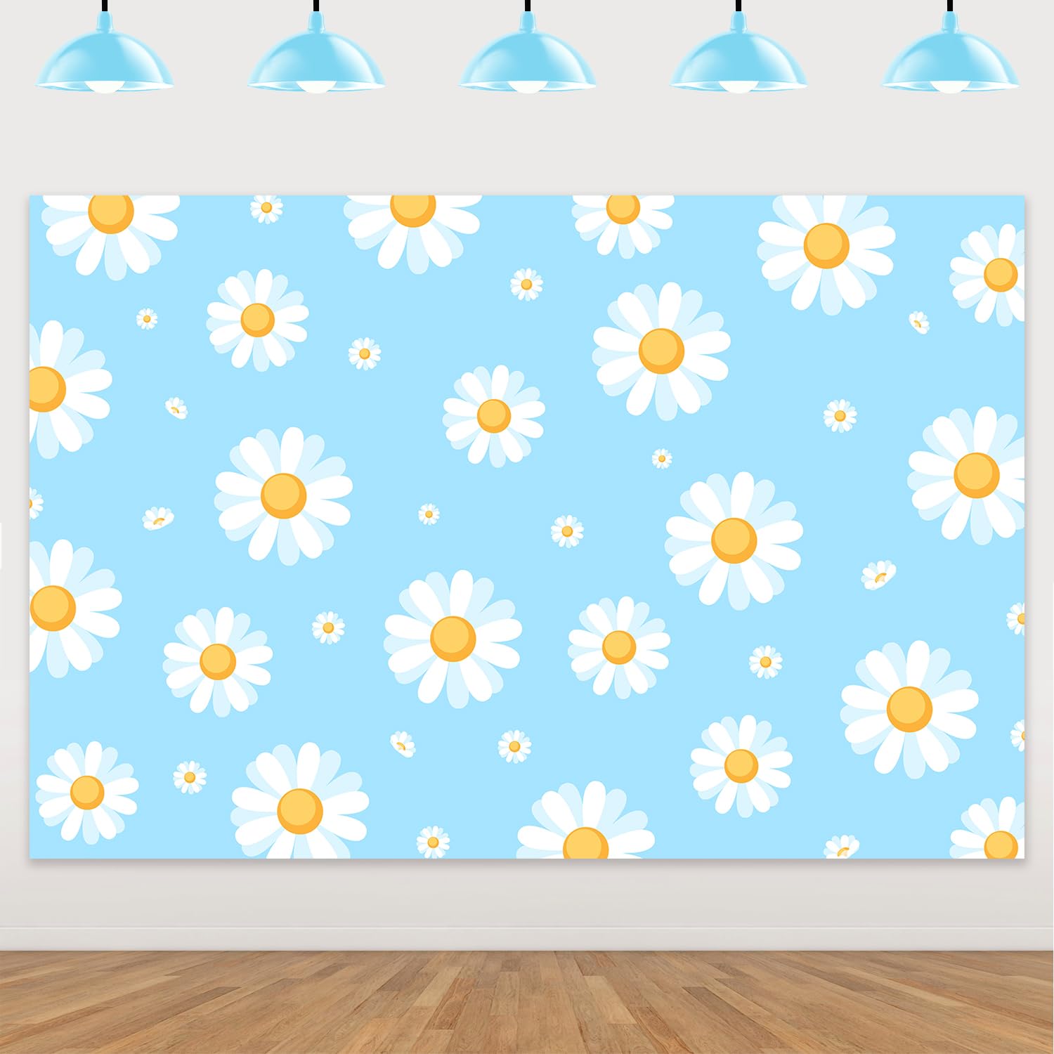Blue Retro Daisy Backdrop Hippie Boho Party Decorations White Floral Blue Photo Background Cake Table Banner for Boys Groovy Baby Shower Birthday