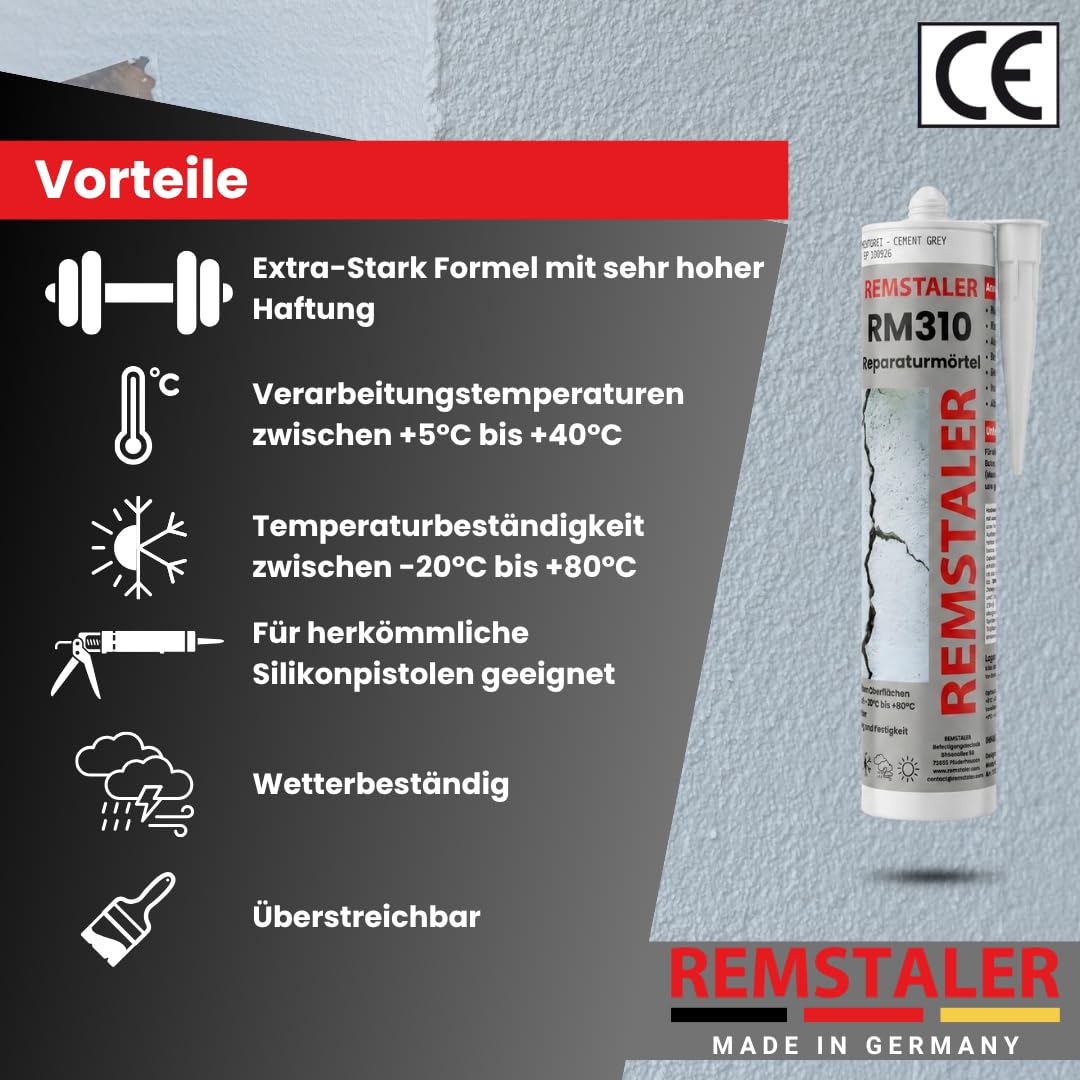 10x Remstaler REPARATURMÖRTEL für Mauerwerksfugen und Ausbruchstellen in Beton | zementgrau | überstreichbar | 310ml (10 Stk.)