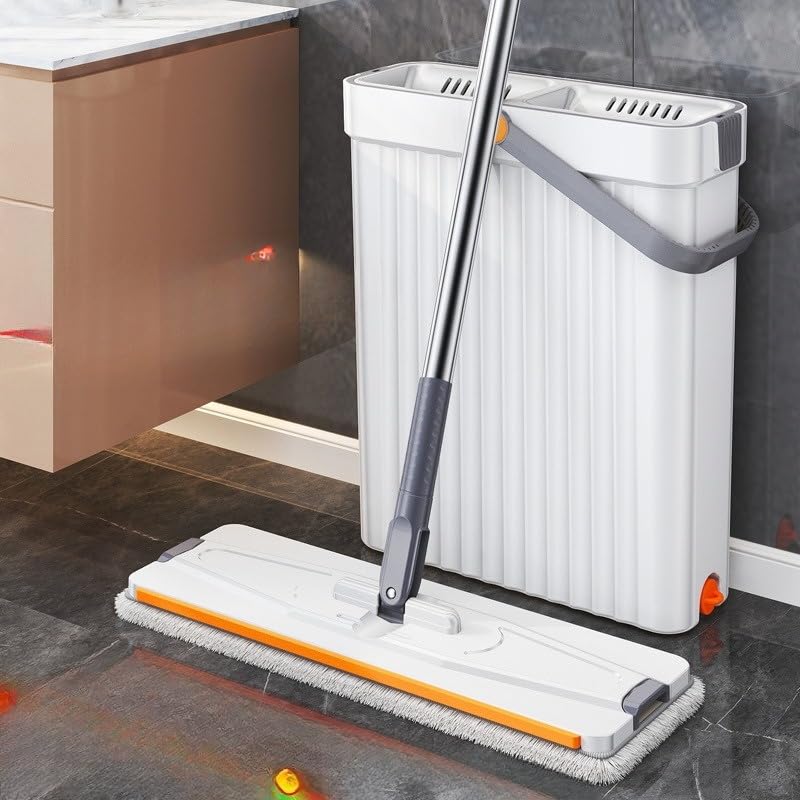 Image of Flat Mop Set with Dual-Chamber Bucket | Wet & Dry Mopping | 360 Rotating Microfiber Head | Hands-Free Wringing | Lightweight ABS for Tile, Marble, Wooden & Laminate Floors