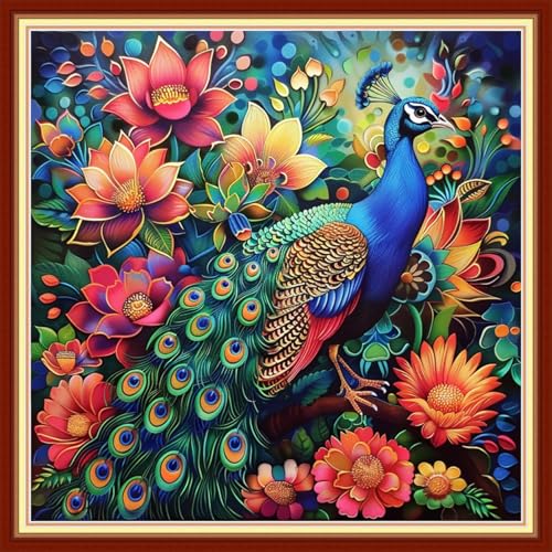 Image of Funchey Stamped Cross Stitch Kits, DIY Cross Stitch Pattern for Adults Beginners Needlepoint Kits Embroidery Kit Arts and Crafts 11CT&Peacock Flower 18x18 inchs