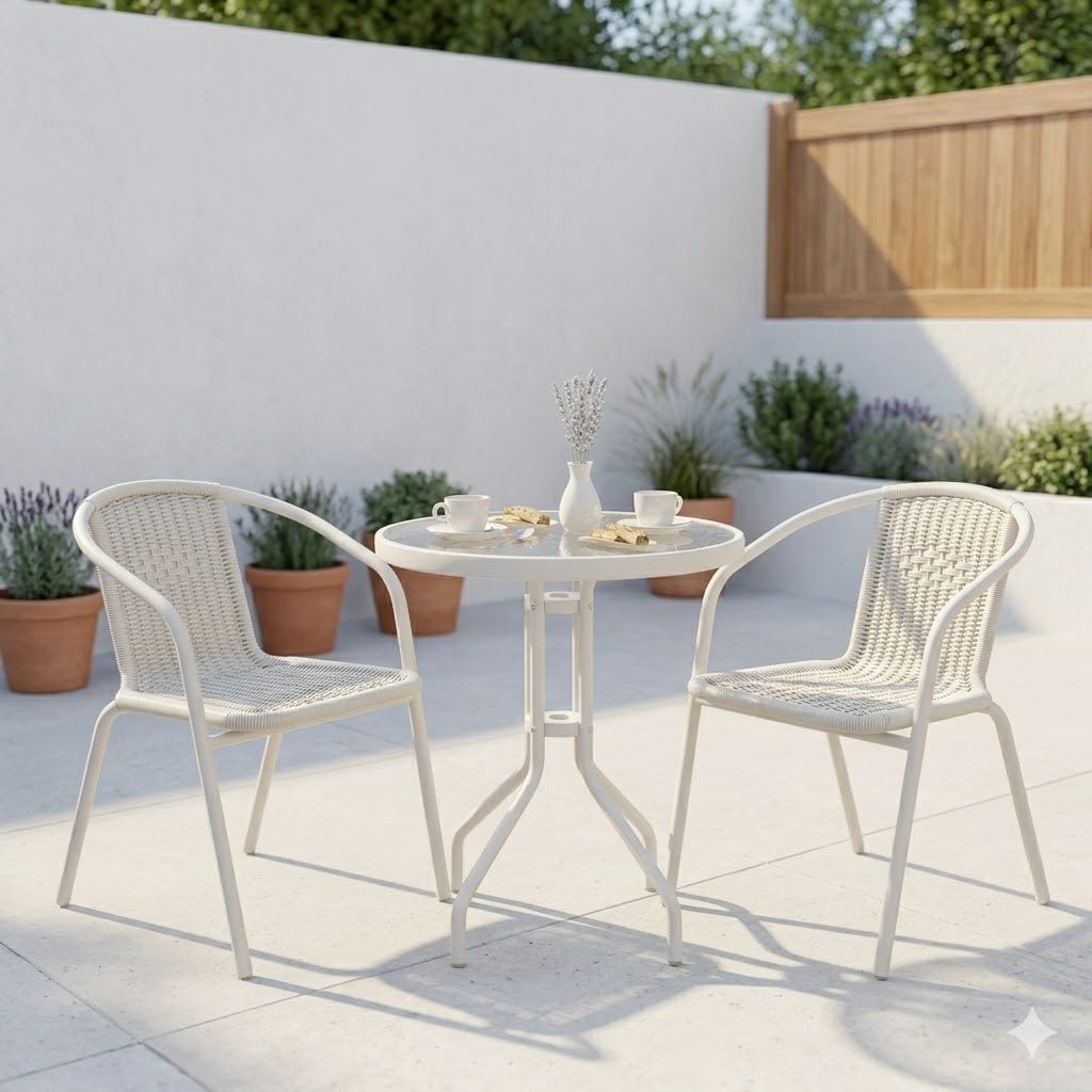 BritHaus 3 Piece Garden Bistro Set | Outdoor Patio Dining Set with 2 Chairs & Glass Table | Brown Rattan Balcony Furniture | Weather Resistant Small Garden Table Set (White)