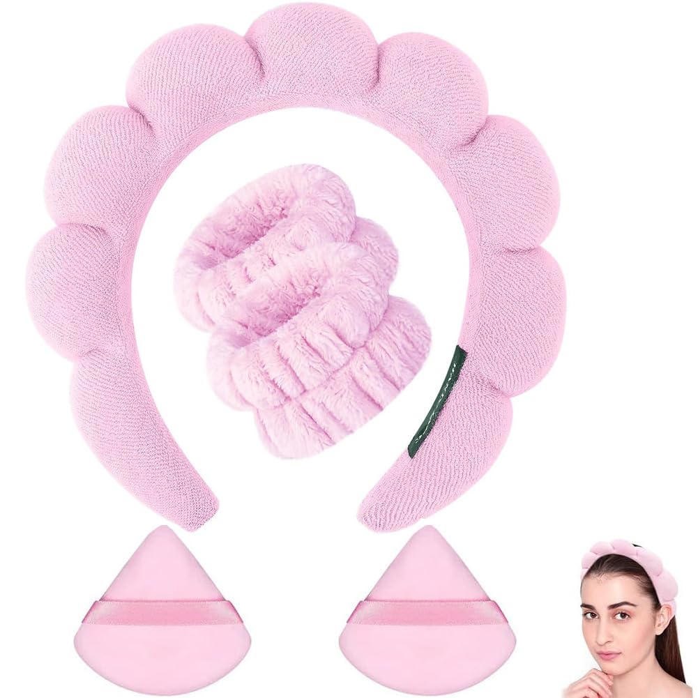 Blithetree Skincare Headbands Spa Headband for Washing Face, Puffy Makeup Headband with Wristbands Set, Skin Care Face Wash Headband Makeup Headbands
