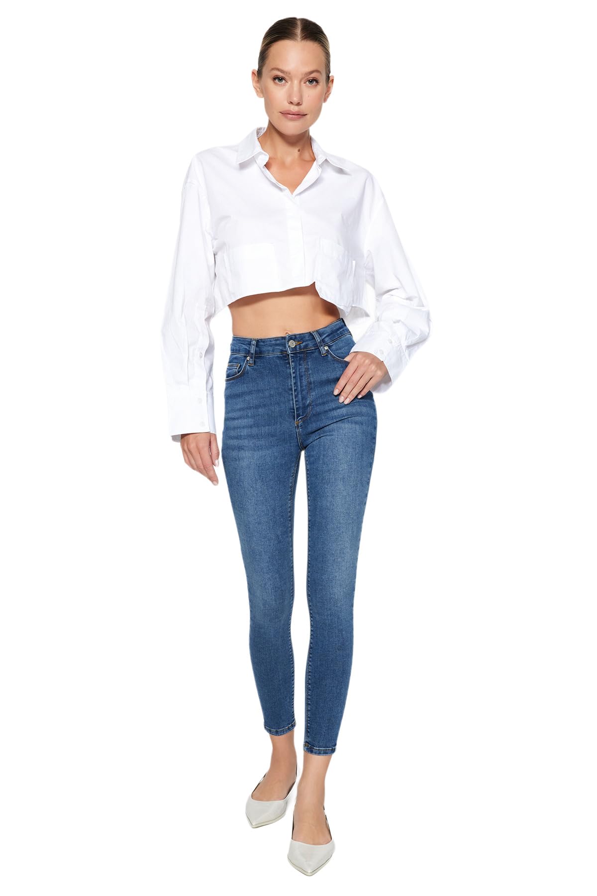 TRENDYOL Blue High Waist Skinny Jeans TWOAW24JE00066, Blue, 42