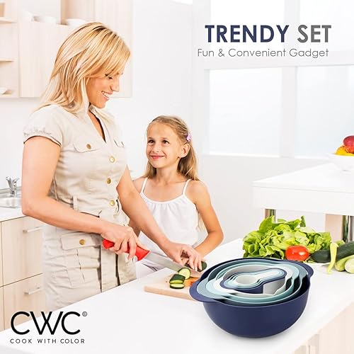 Miniatura 8 de COOK WITH COLOR Juego de 8 cuencos anidables, color verde azulado, incluye 2 cuencos para mezclar, colador, tamiz, 4 tazas medidoras, polipropileno,