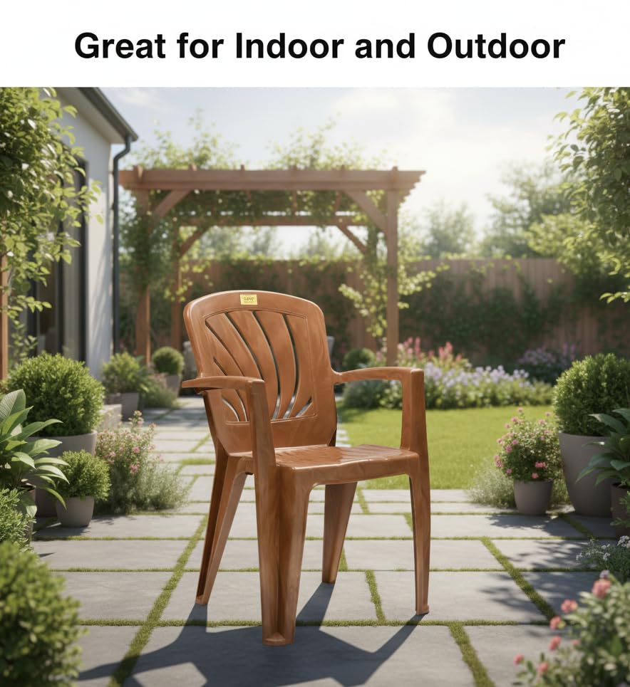 Image of Patiofy Plastic Chair for Home & Outdoor Use | Heavy Duty Comfortable Chair with Strong Legs | Stackable, Easy to Clean | Suitable for Living Room, Balcony, Patio Pack of 1 (Elba Sandalwood)