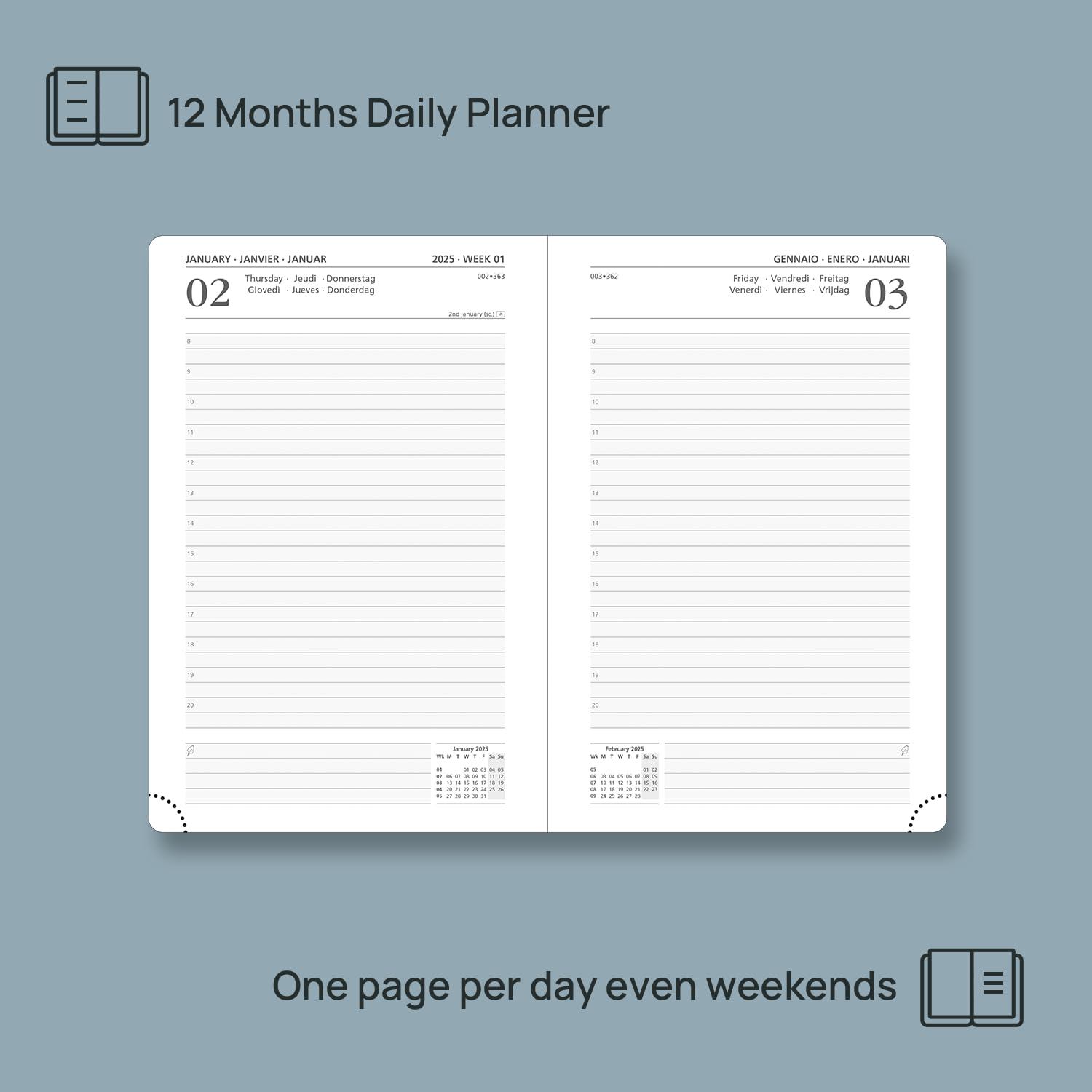 POPRUN Agenda 2025 Giornaliera, Copertina Rigida, 21,5 x 14,5 cm, 1 Giorno 1 Pagina con Intervallo Orario e Angoli a Strappo, Carta Spessa da 80 GSM, Blu Foschia