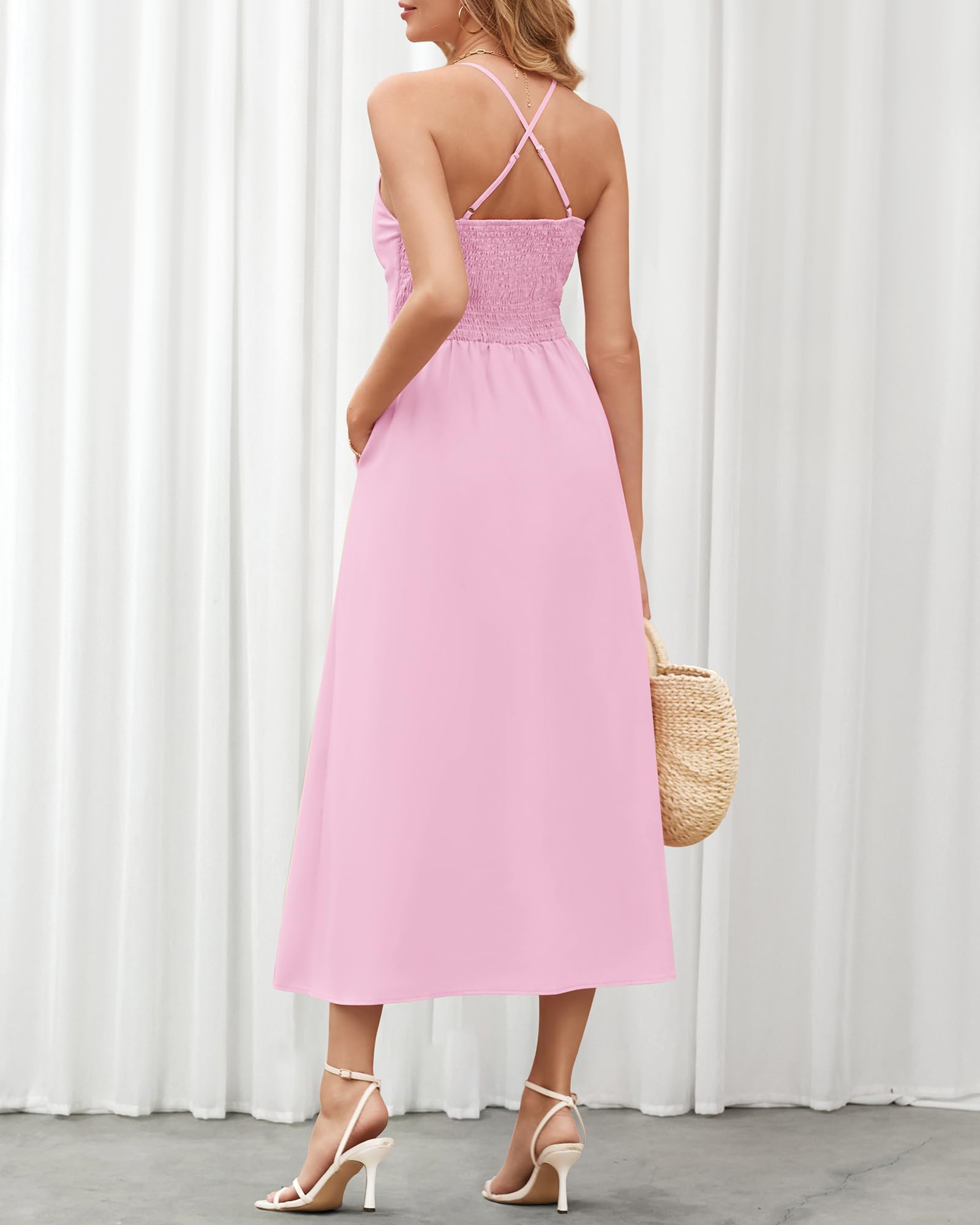 BTFBM Summer Dresses For Women 2026 Spaghetti Strap Midi Sundress V Neck Cutout Slit Casual Beach Vacation Maxi Dress: XX-Large Pink