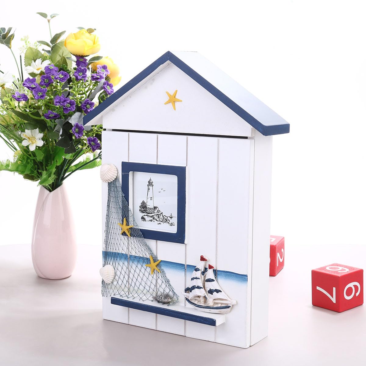 Kichvoe Portachiavi Ganci per Chiavi Parete in Legno da a Forma di Casa Cassetta Stile Costiero Decorazione per Arredamento Casa