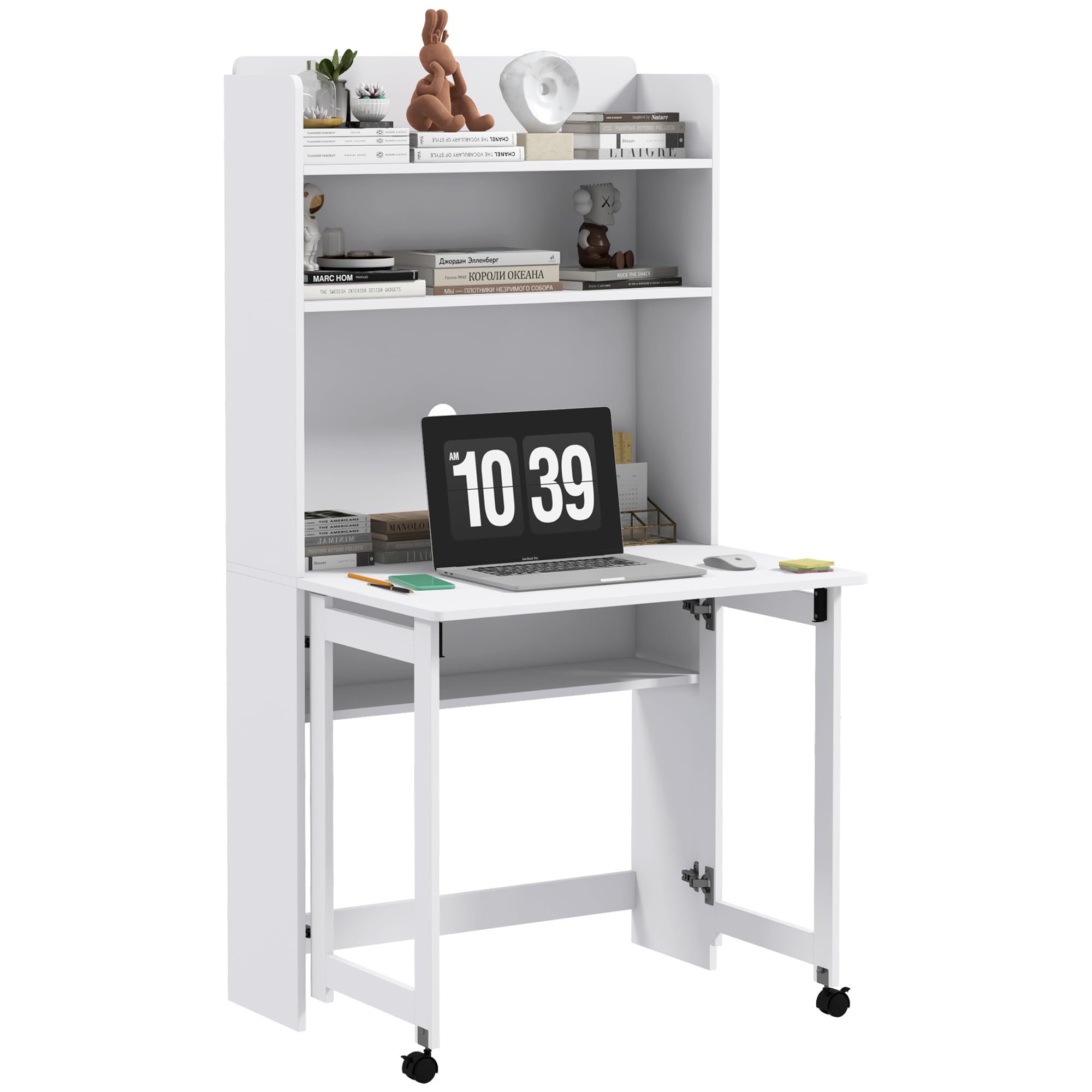 HOMCOM Escritorio de Ordenador con estantes de Almacenamiento Escritorio de Ordenador con Tapa Plegable y 2 Ruedas para Dormitorio Sala de Estar y el hogar 80 x 69 x 153 cm Blanco