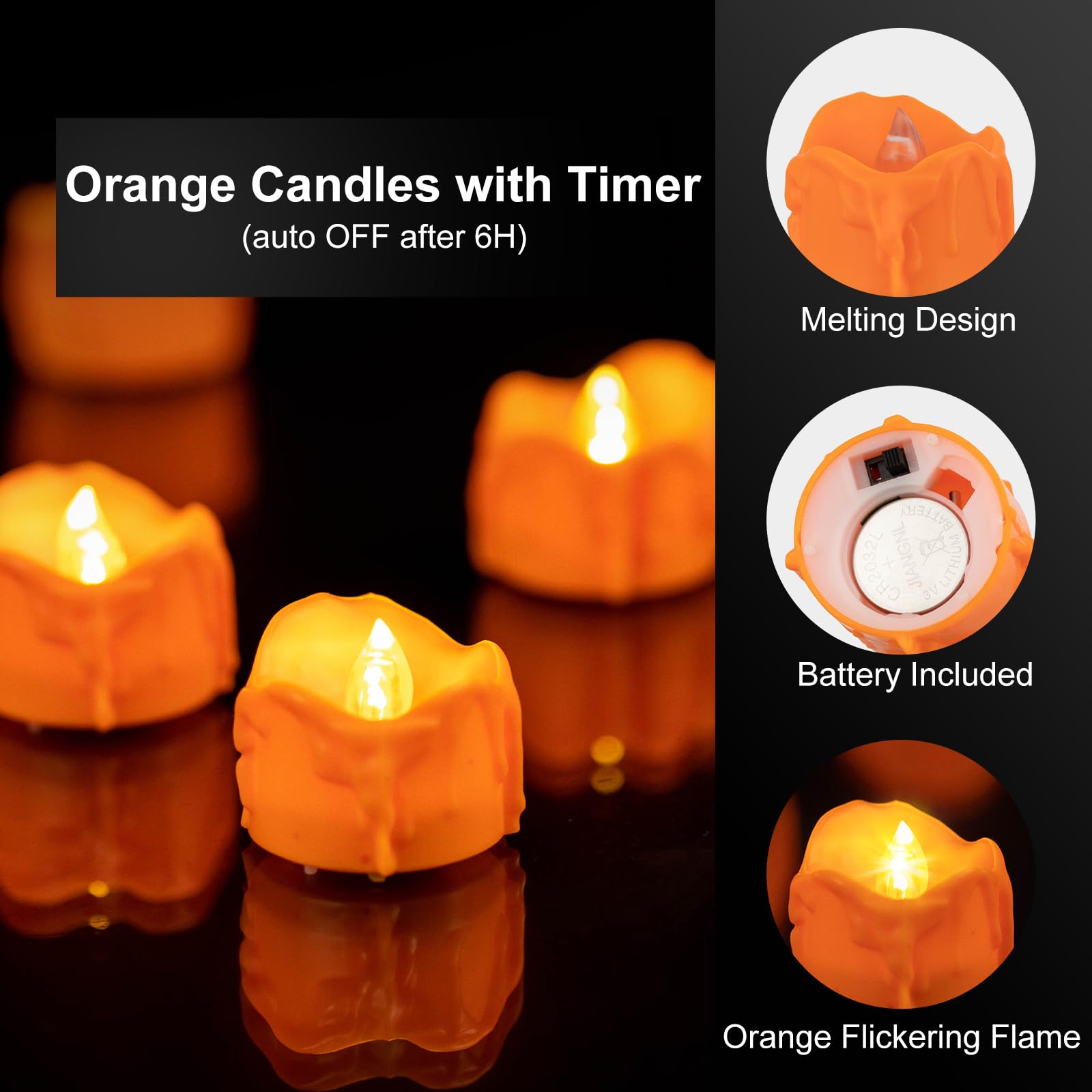 Orange LED Tealight Candles - 12 Pack With 6 Hour Timer Flameless Lights