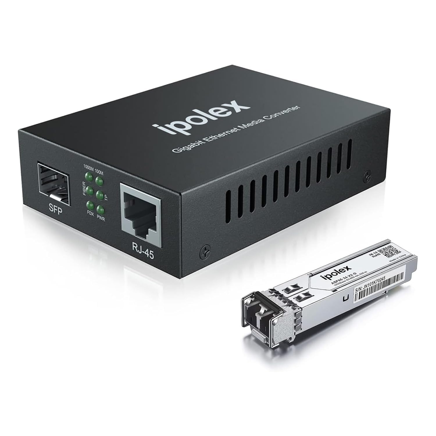 ipolex Convertitore Multimediale Gigabit Ethernet, Porta SFP 1,25G Convertitore di Media a Fibra Ottica, Multimodale LC Convertitore Multimediale con Modulo SFP-SX(850-nm, 550-m@OM2OM3MMF). 1-Pack.