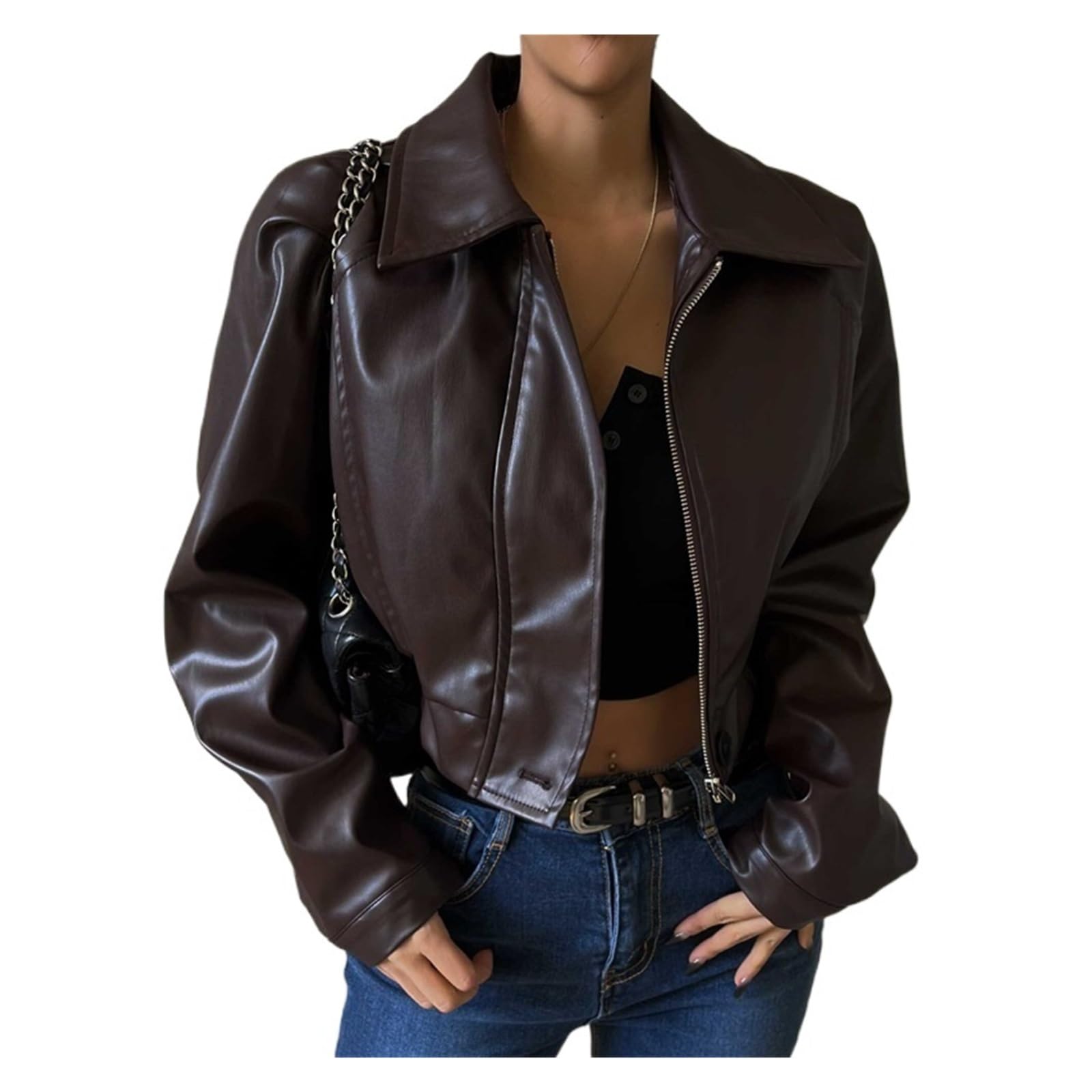 Chaqueta Cuero Mujer Faux Leather Jacket Aesthetic Streetwear Collar Casual Simple Long Sleeve Coats Para salir