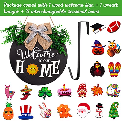 Interchangeable Seasonal Welcome Sign Front Door Decorations - Home Porch Decor Indoor Outdoor Hanging Ornaments Gifts + Wreath Hanger,Spring Summer Fall Winter Decoration #TOP1