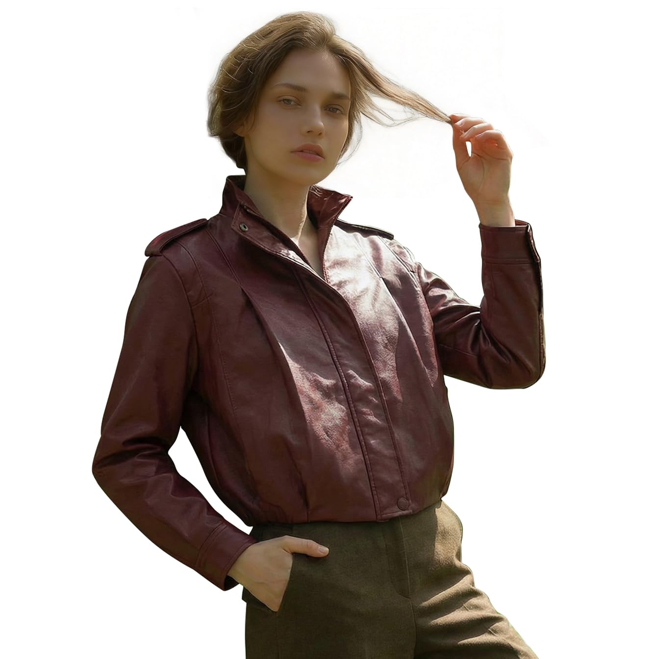 Outta Box Women's Wine Red ’S Faux Leather Jacket, Zip Up Stand Collar Coat With Strap Detail, Slim Fit Pu Jacket Elegant Casual Outerwear For Spring Autumn (Uk, Alpha, L, Regular, Regular, )