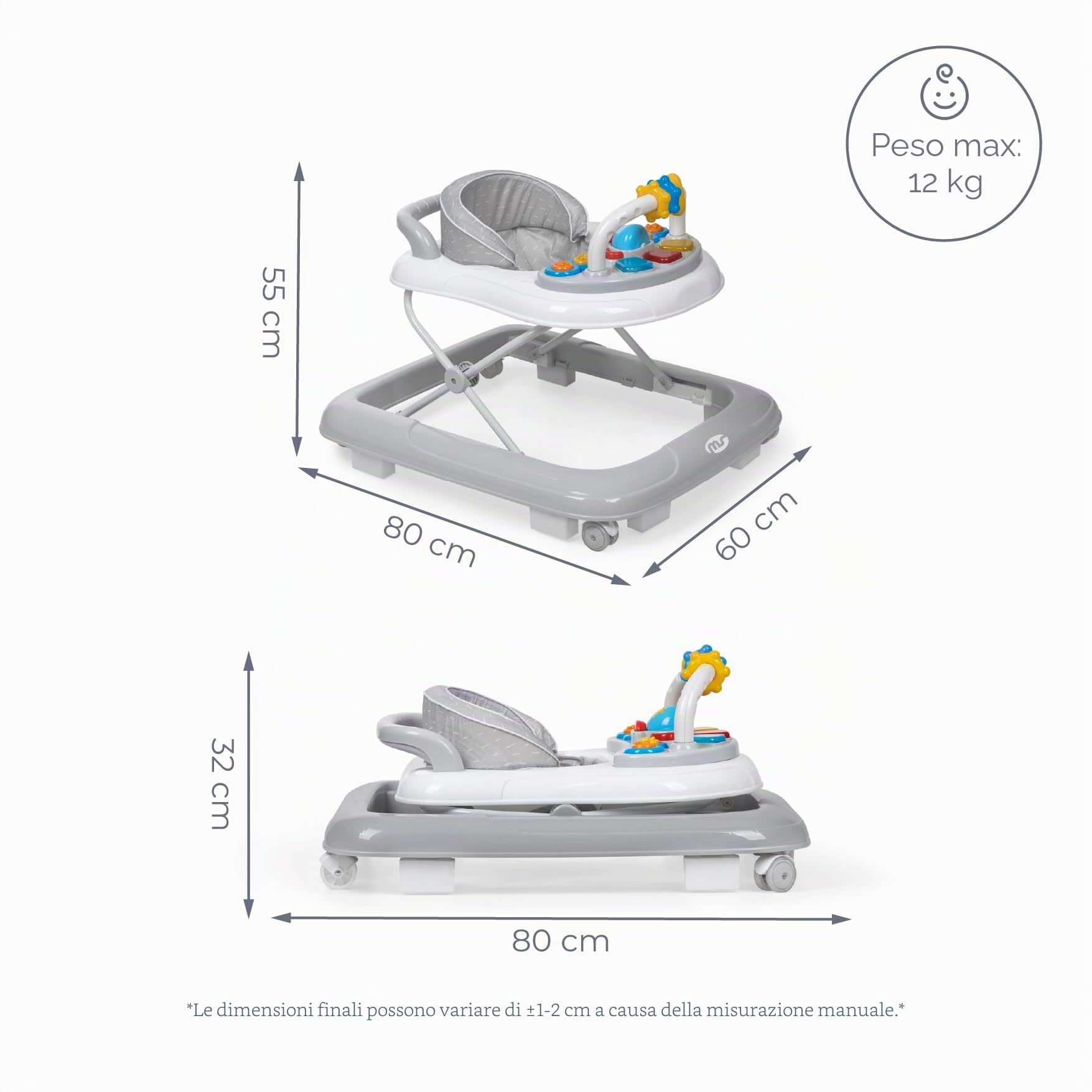 MS Baby World - Deambulatore per bebè Basic - Girello con Base antiribaltamento - Include vassoio sonoro e giochi