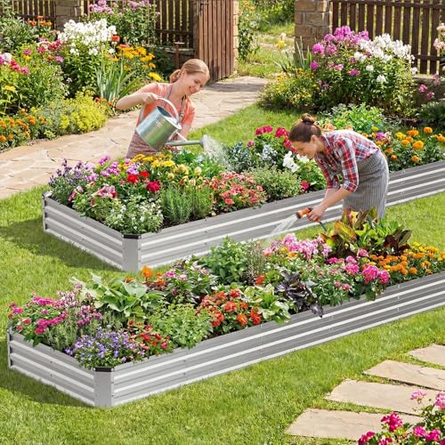Image of NEWBULIG Galvanized Raised Garden Bed Outdoor, 12x4x1ft 2 Pack Metal Planter Box for Gardening, Rust-Resistant Rectangular Raised Flower Bed for Vegetables Flowers Herbs, Open Bottom, Easy Assembly