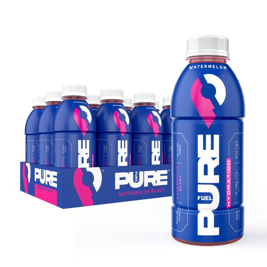 Pure Fuel Hydration Drinks Watermelon Blast - Plant-Based Healthy Electrolyte Drinks with B-Vitamins - No Added Sugar - 12 Pack x 16.9 fl oz Bottles
