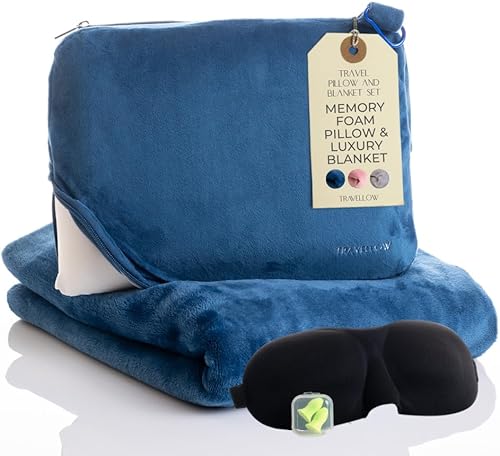 Juego de almohada y manta de viaje 4 en 1 con almohada de espuma viscoelástica, manta de viaje, máscara de sueño y tapones para los oídos, máxima