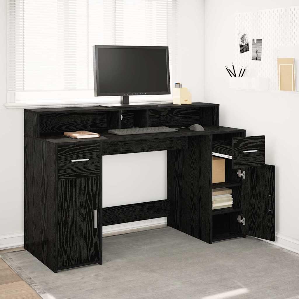 Biurko z czarnego dębu, 140 x 55 x 91 cm, materiał drewnopochodny ze światłem LED, szufladą, regałem, 2 drzwiami, schowek do domowego biura, nauki, gier, komputera i laptopa