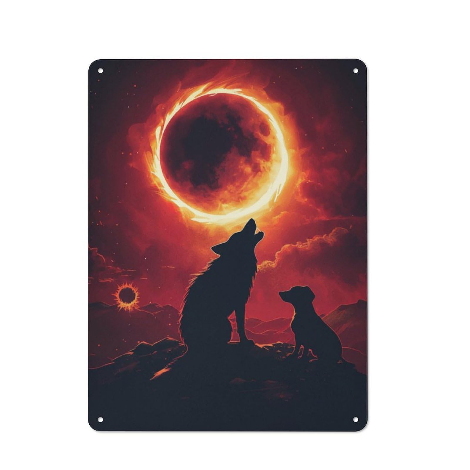 Decorative Metal Plaque with Silhouette Wolf Sunset Design 40x30cm, Modern Retro Studio Wall Art for Workspace, Cafe, Hallway Or Garage