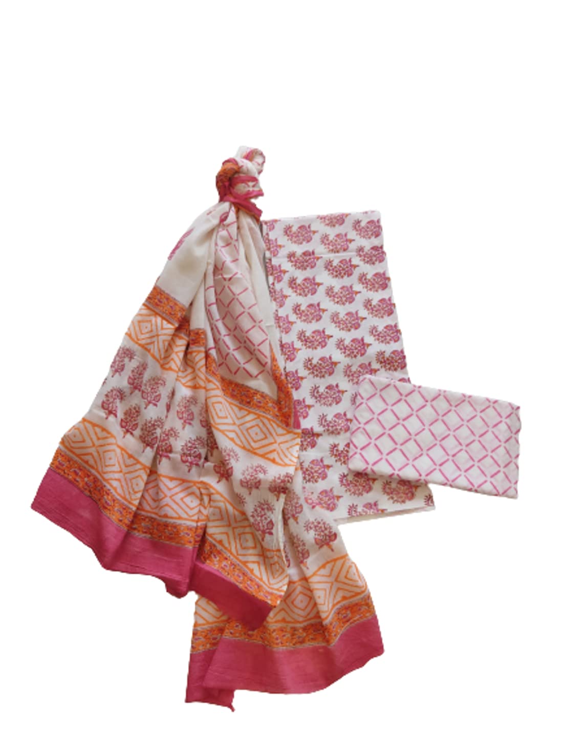 Niha Women's Jaipuri handblock printed cotton unstitched salwar suit dress material with pure cotton dupatta (Free size_pink)