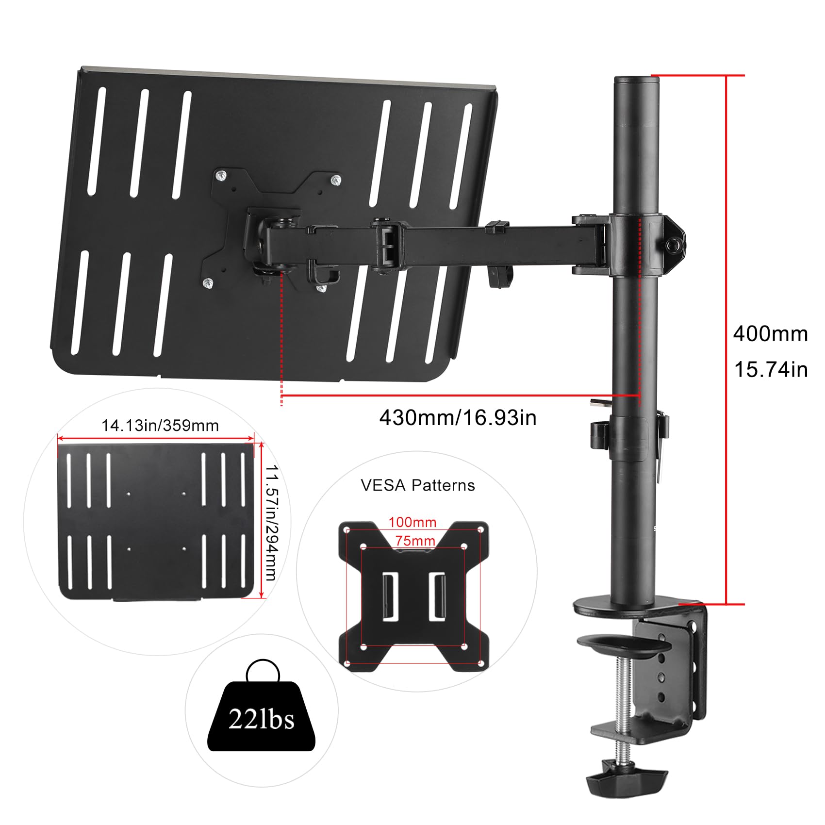 suptek Supporto schermo PC con vassoio per computer portatile, supporto monitor per display LCD/LED pollici - Supporti e Rialzi Per Schermo Accessori Desktop, Parete MD6421TP004