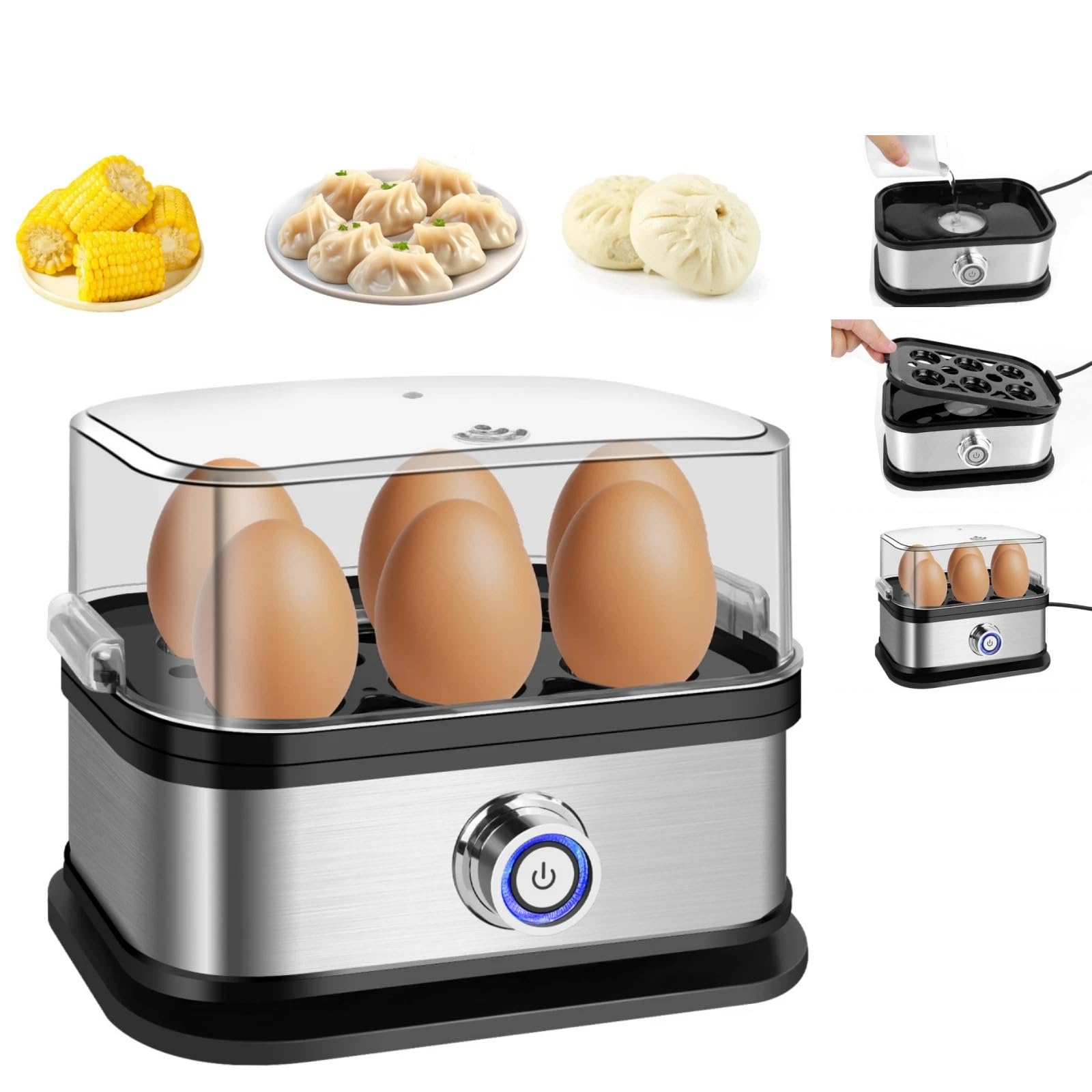 6-Egg Cooker Compact Electric Easy Egg Boiler Boiling Poaching Breakfast Maker 350W with Automatic Shut-Off Removable Tray with Water Cup&Cable Storage Slot Space Saving Egg Boiler