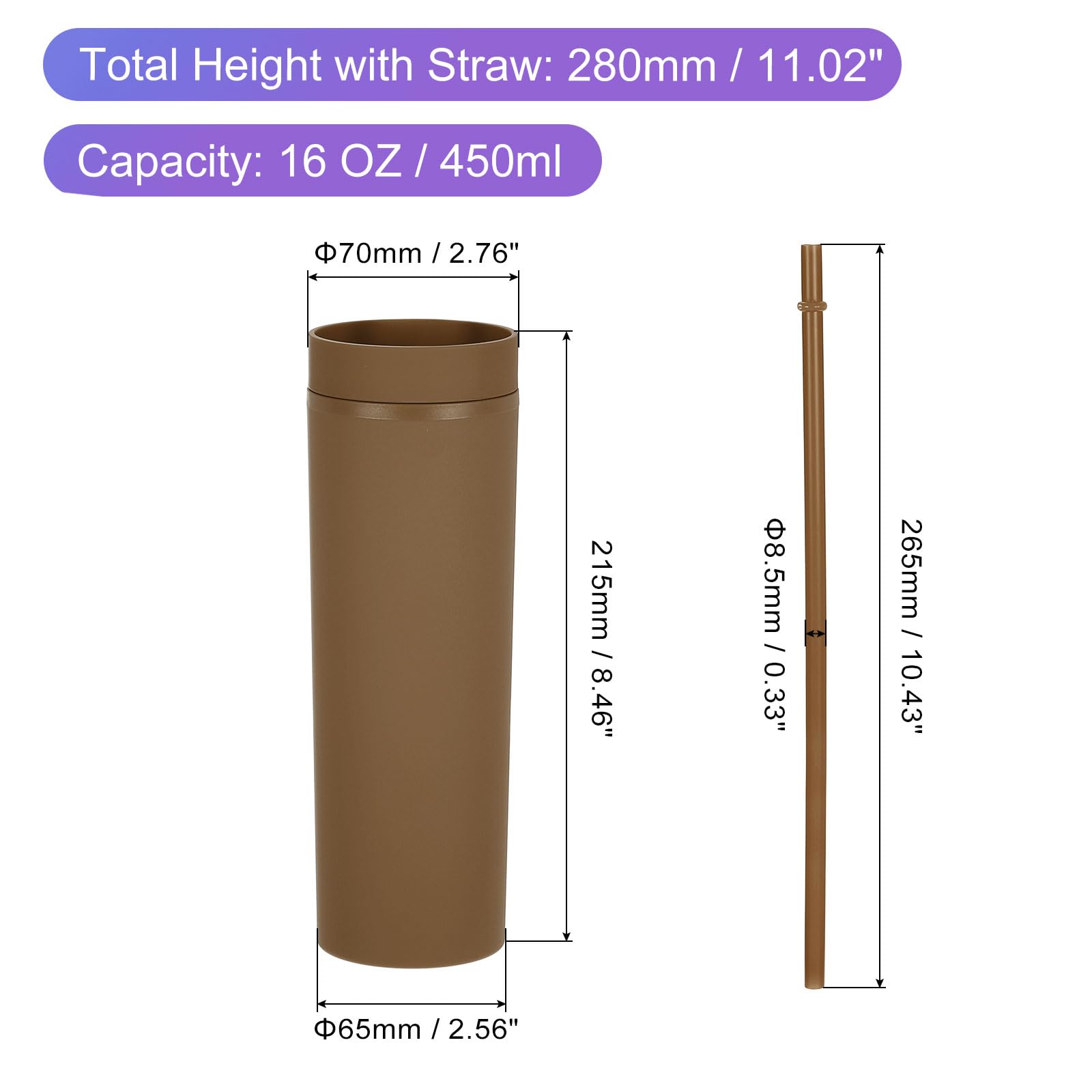 uxcell Bicchiere a doppia parete con cannuccia e coperchio, 470 ml, in acrilico, isolato, trasparente, riutilizzabile, per feste, compleanni e tutti i giorni, marrone scuro opaco
