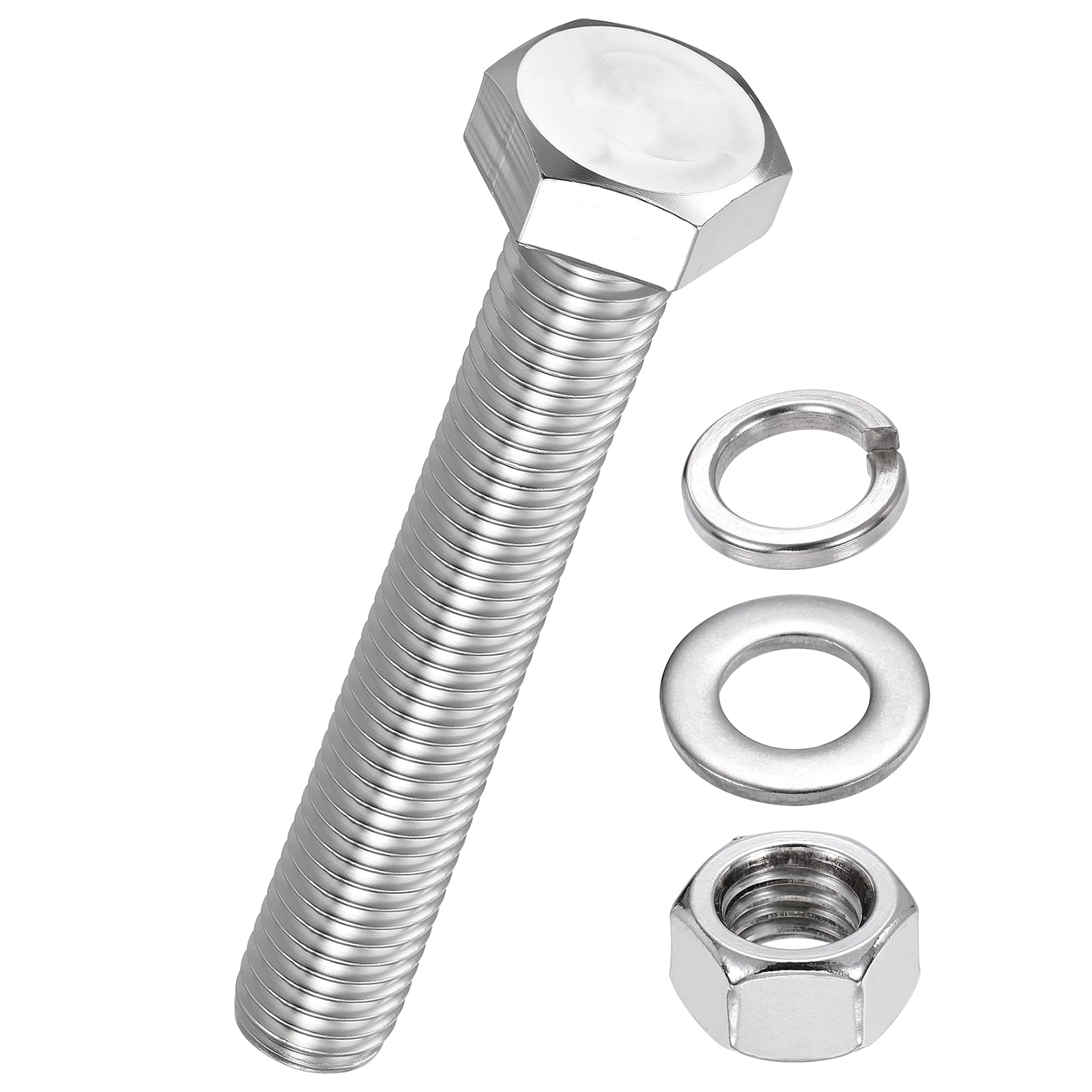 Kozelo 16 Pcs Bolts and Nuts Washers Kit - [M12-1.75x75] 304 Stainless Steel Hex Tap Bolt Assortment Fully Threaded Hexagon Head Machine Bolts Right Hand External Hex Drive, Silver Tone — image 1