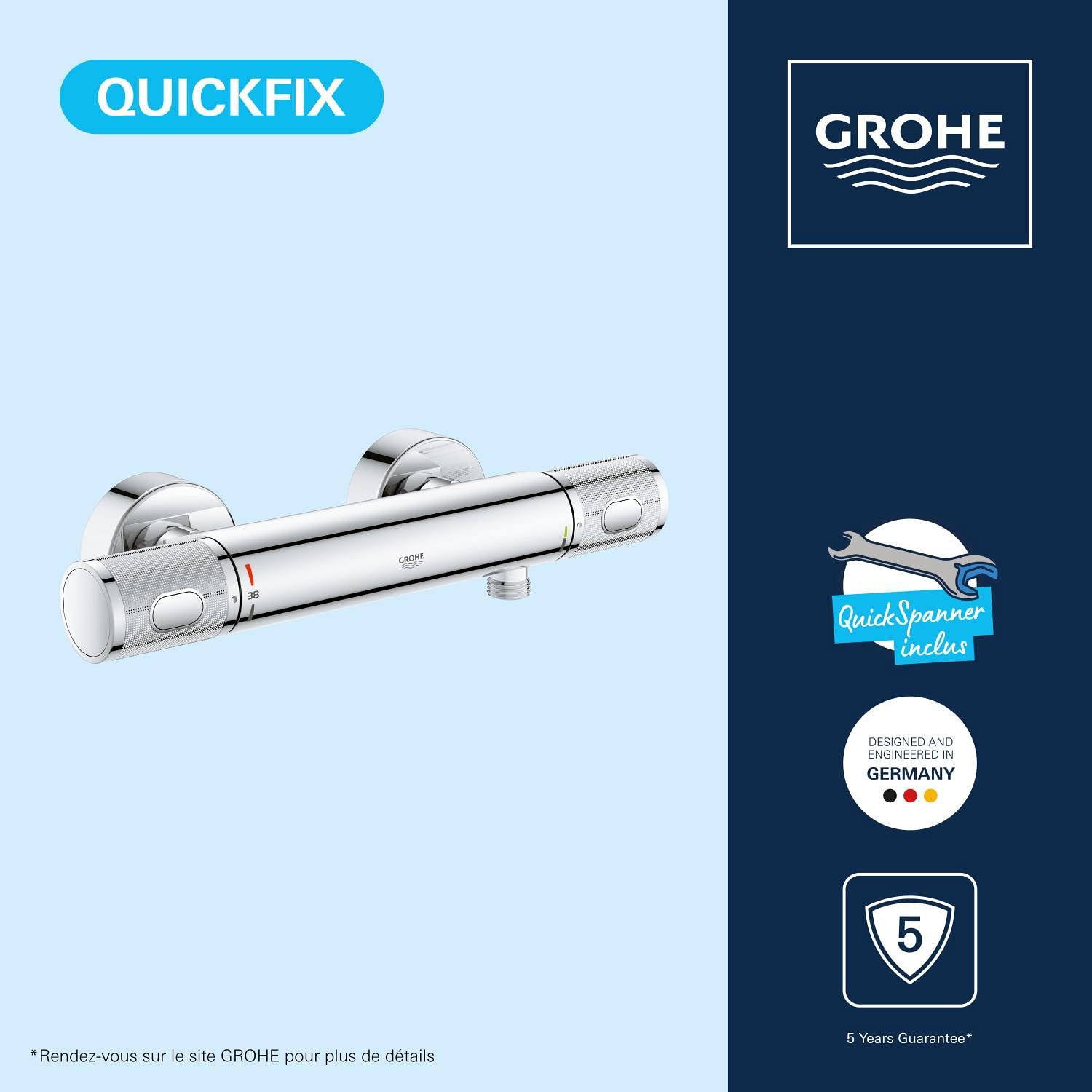 GROHE mitigeur robinet thermostatique douche Precision Feel, montage mural, indicateur de température, poignées moletées, filtres intégrés, rosaces incluses, chromé, 34790000 (Import Allemagne)