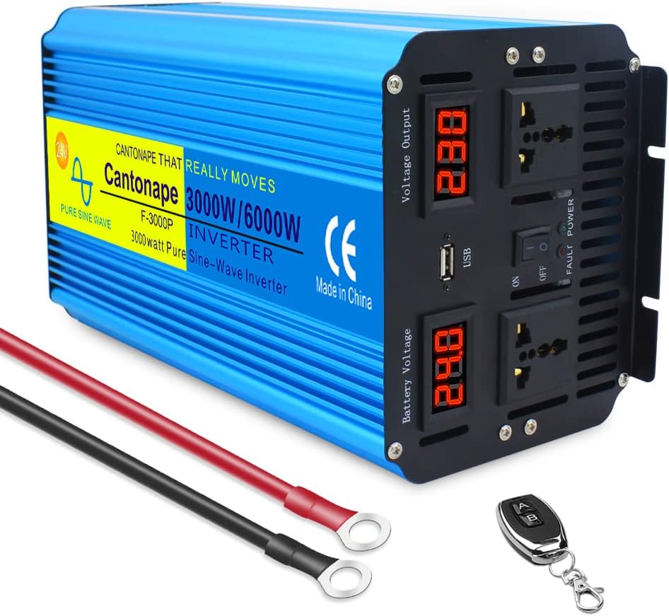 Cantonape Pure Sine Wave Power Inverter 3000W/6000W Peak Converter DC 24V to 230V 240V AC with LED Display dual Universal sockets & wireless remote controller for RV Truck Car Boat