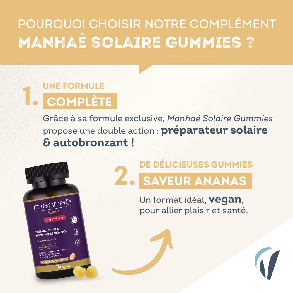 Vitavea - Manhaé - Gummies Solaire - Autobronzant - Complément alimentaire bronzage - Prépare, active et prolonge le bronzage - Teint hâlé sans soleil - Onagre, Lutéine, Lycopène - 60 gummies - 2 mois