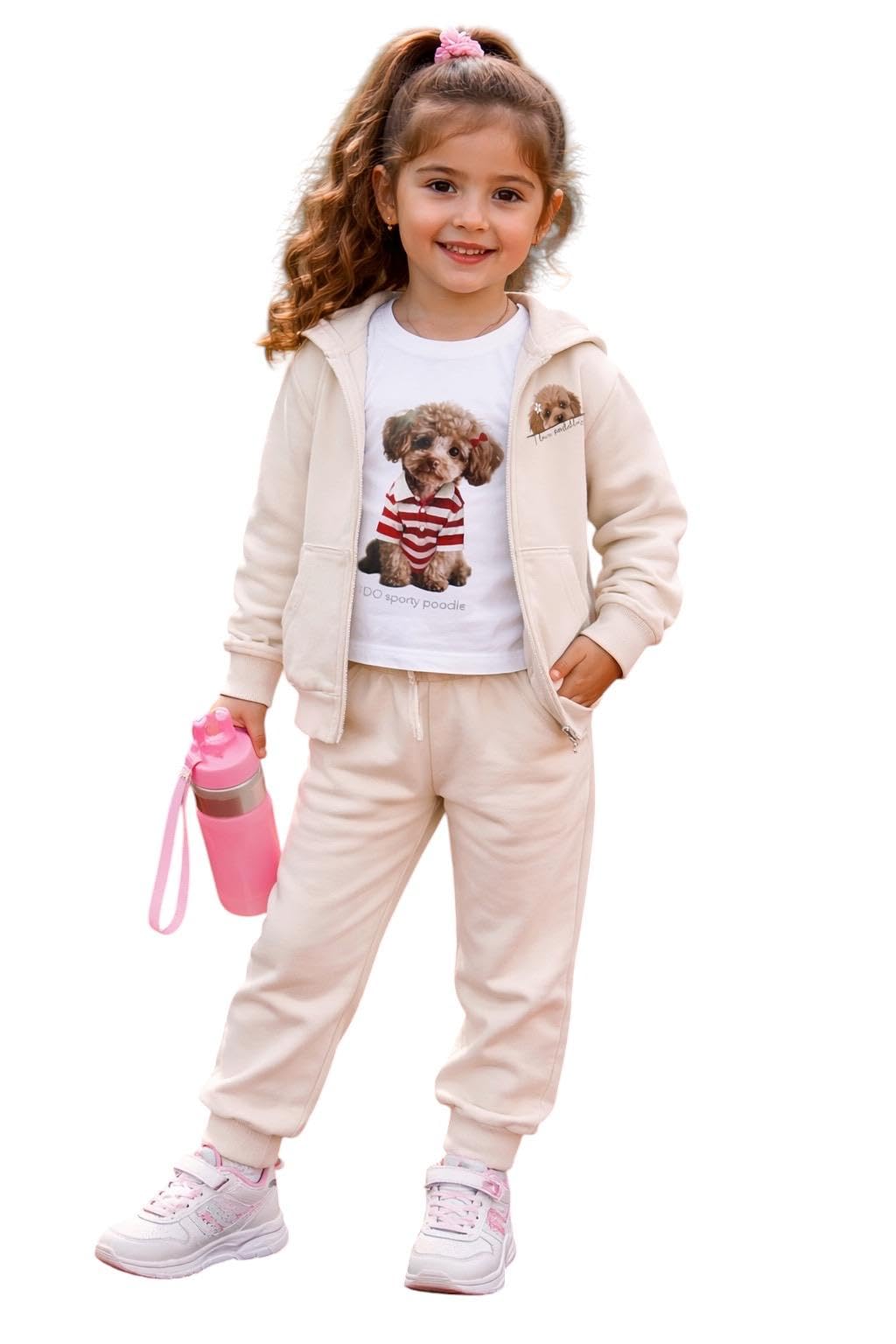 IDO Completo tuta bambina 5 anni - 110 cm con felpa zip color beige stampa cagnolina