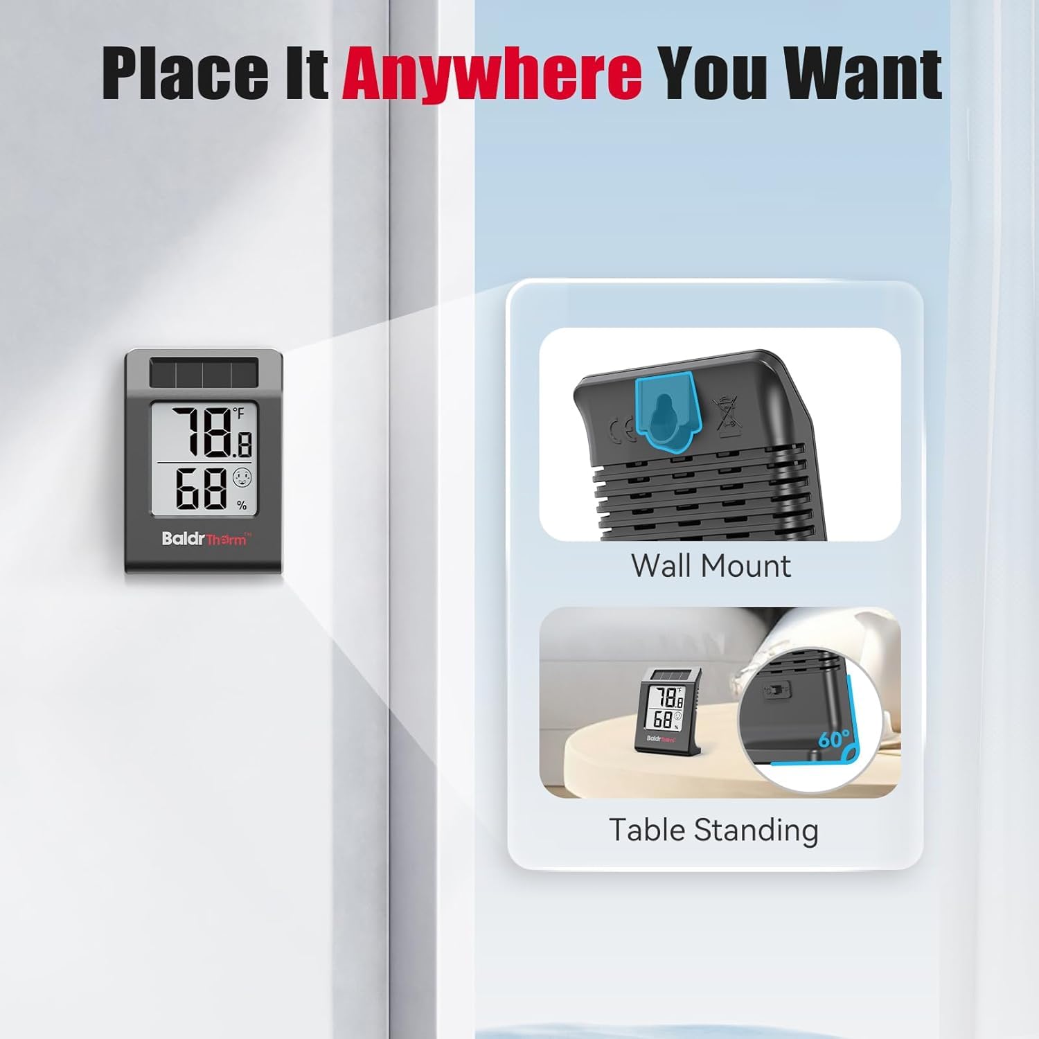 Termómetro digital e higrómetro de 2.2 pulgadas, monitor de humedad con sensor de temperatura interior alimentado por energía solar, medidor de humedad para habitaciones de bebé, dormitorios, hogar