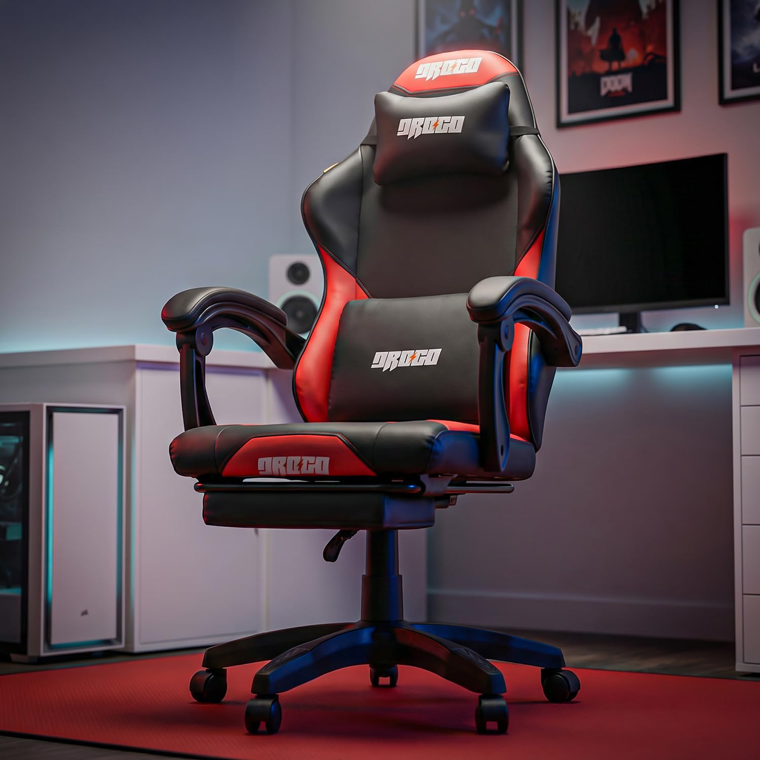 DROGO AuraXI Limited Edition Gaming Chair | Ergonomic High-Back Design Chair with Footrest | Premium PU Leather | Armrests | Computer Chair with Adjustable Neck & Lumbar Support (Black/Red)