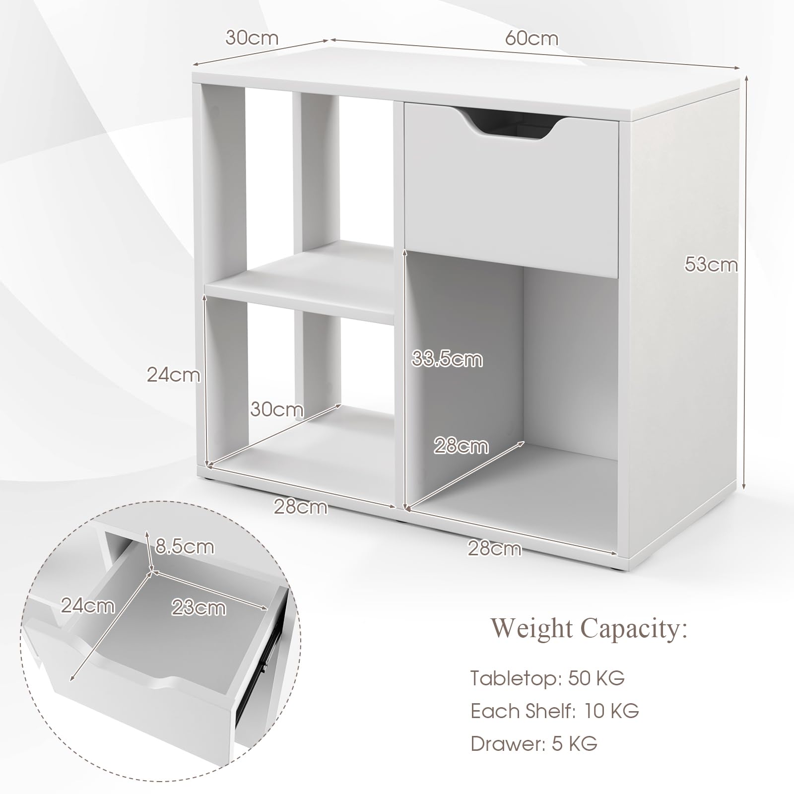 LIFEZEAL Tavolino Basso, Tavolino Laterale da Divano, con 1 Cassetto, 3 Scomparti Aperti, Libreria, Scaffale Portaoggetti, in Legno, Bianco, per Soggiorno, Moderno, Multiuso, Max 80 kg, 60x30x53 cm