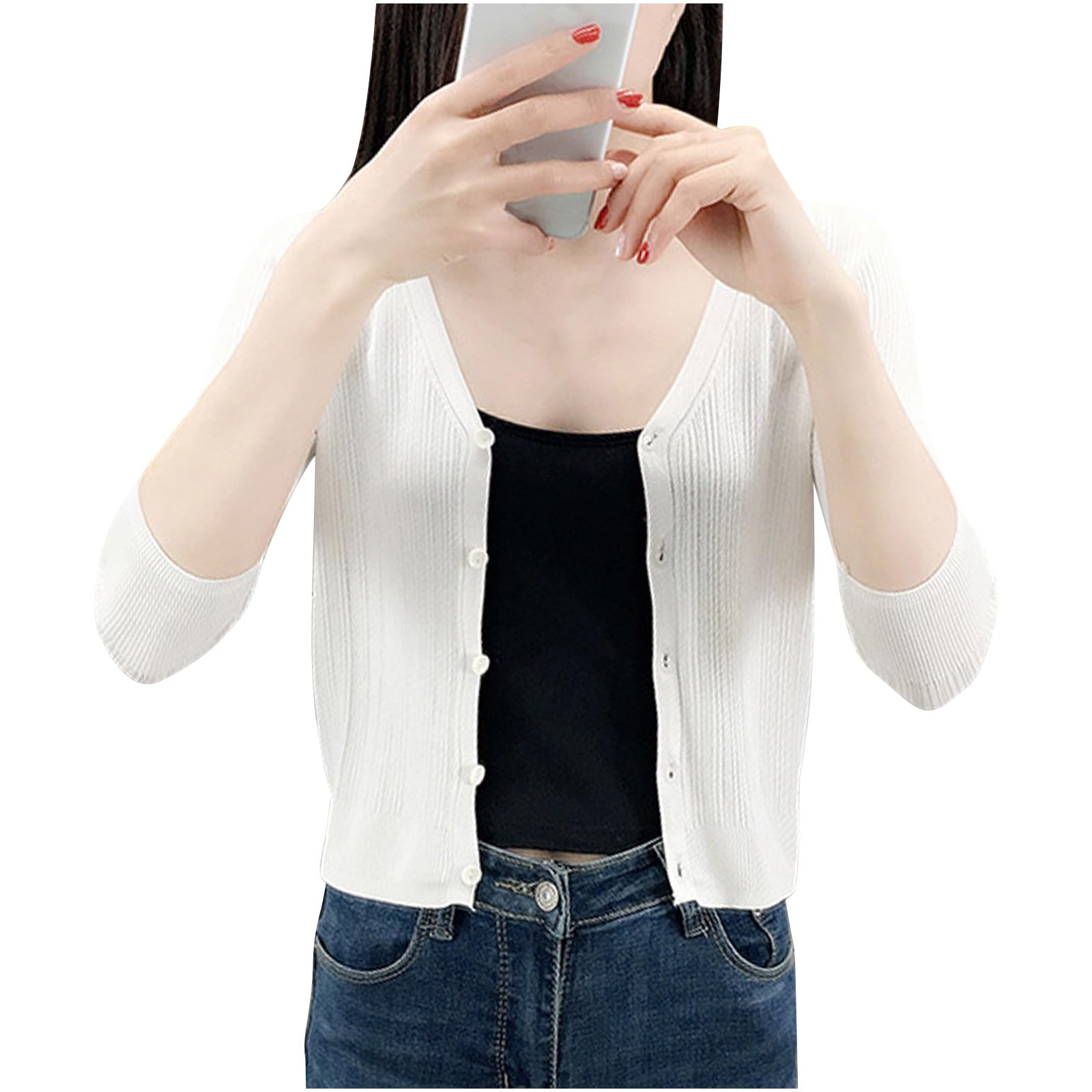 Cardigan Donna Morbido Tinta Unita Maglione Corto a Maniche a 3/4 Comodo | Tessuto morbido e piacevole sulla pelle, comfort quotidiano, vestibilità comoda, ideale per casa ufficio e tempo libero