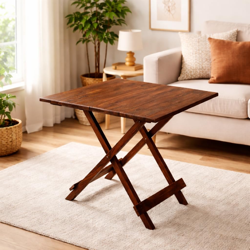 WELL KNOWN Patio Foldable Coffee/Tea Center Table, Outdoor Wooden Square Portable Folding Picnic Camping, Dining Table for Balcony Living Room and Garden Bistro Side Table, Natural Brown Finish