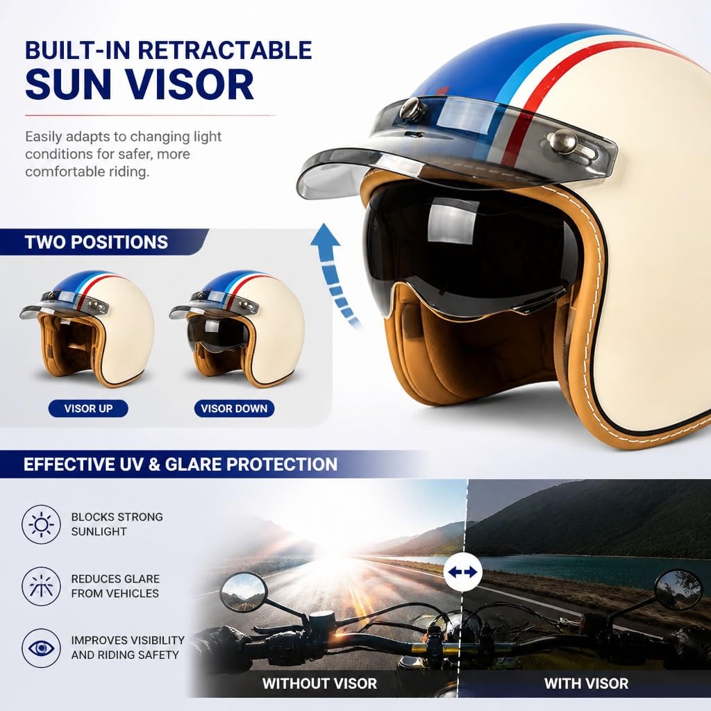 Casco Moto Jet Retro Omologato ECE con Visiera Parasole Sgancio Rapido, Casco Scooter 3/4 Vintage Interni Lavabili per Cafe Racer Custom Cruiser Uomo