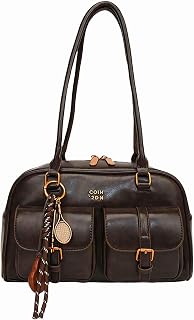 Sunaeset Vintage Brown Faux Leather Shoulder Bag for Women - Y2K Hobo Purse with Double Pockets & Buckle Details