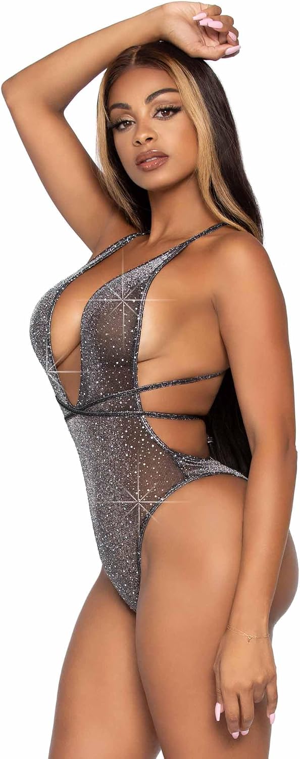 Leg Avenue womens Shimmer Sheer Lurex Rhinestone Teddy With Thong Back and Convertible Wrap-Around Straps