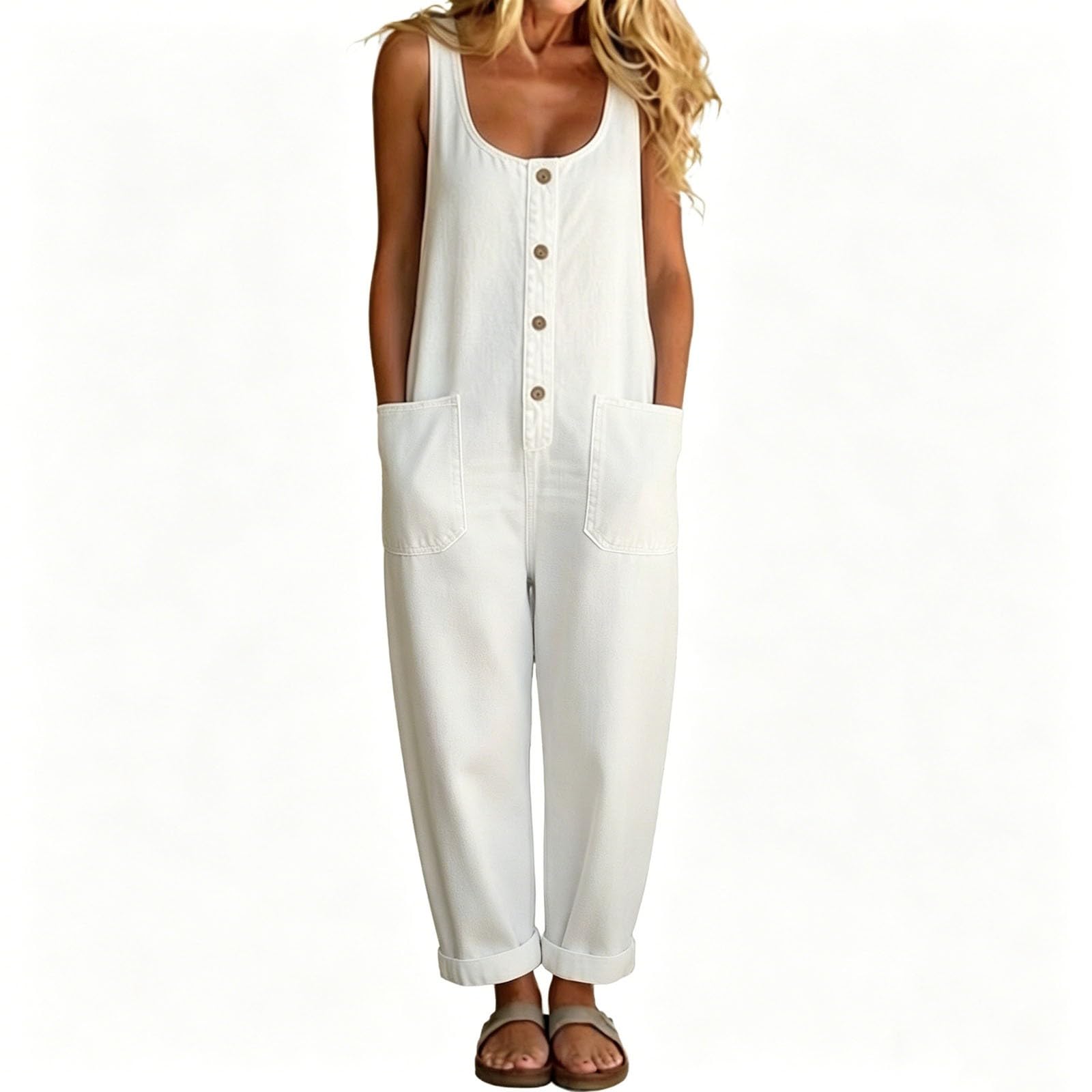 Genérico Monos De Vestir Mujer - Mono vaquero largo verano peto ancho sin mangas cuello U elegante botones bolsillos informal corte holgado para mujer