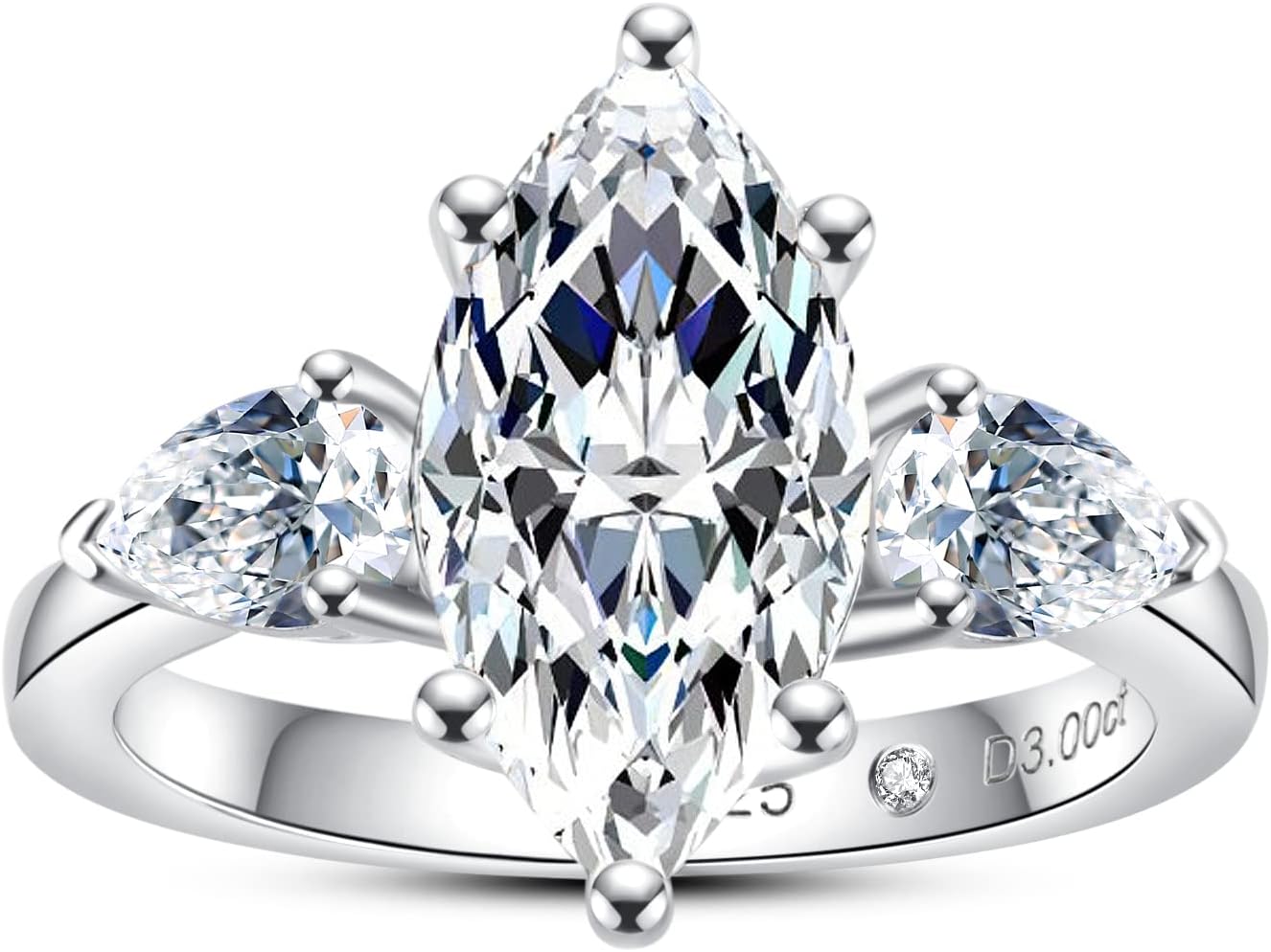 AnuClub Round/Emerald/Marquise Cut Moissanite 3 Stones Engagement Rings D Color VVS1 Round Cut 925 Sterling Silver Anniversary Wedding Promise Rings for Women