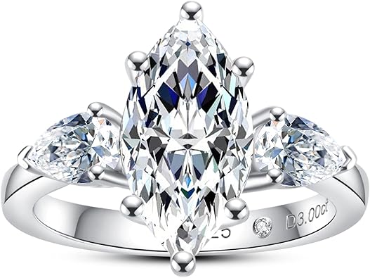AnuClub Round/Emerald/Marquise Cut Moissanite 3 Stones Engagement Rings D Color VVS1 Round Cut 925 Sterling Silver Anniversary Wedding Promise Rings for Women