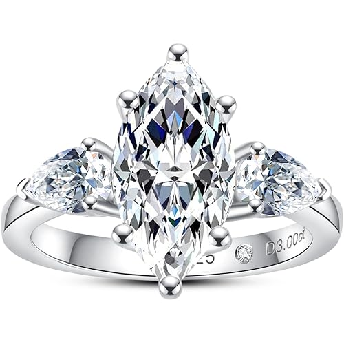 AnuClub Round/Emerald/Marquise Cut Moissanite 3 Stones Engagement Rings D Color VVS1 Round Cut 925 Sterling Silver Anniversary Wedding Promise Rings for Women