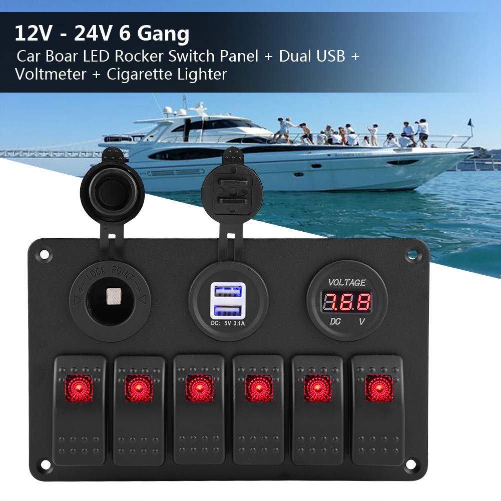 Interruttore a bilanciere, 12V 24V 6 Gang Car Boat Marine LED Interruttore a bilanciere Pannello Doppio USB Voltmetro Accendisigari(Rosso)