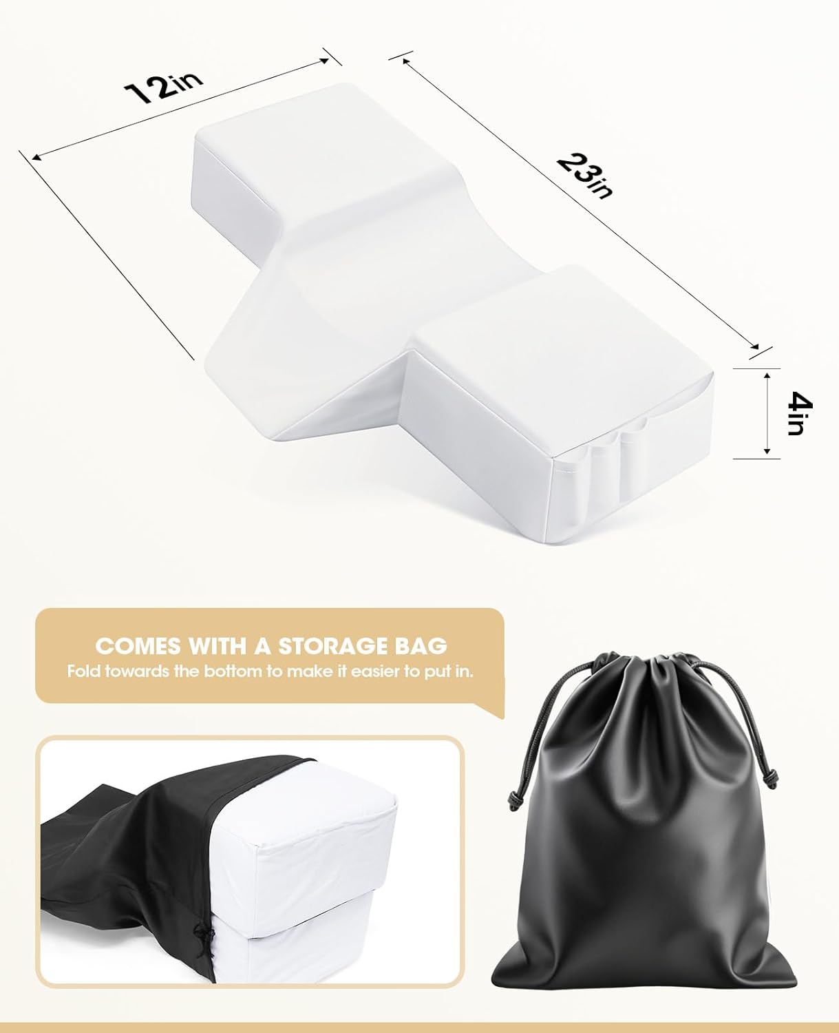 Onism Lash Pillow, Leather Waterproof Curved Memory Foam Lash Extension Pillow with Neck and Back Support, Perfect Pillow for Eyelash Extensions, Pockets on Both Sides for Tools, White