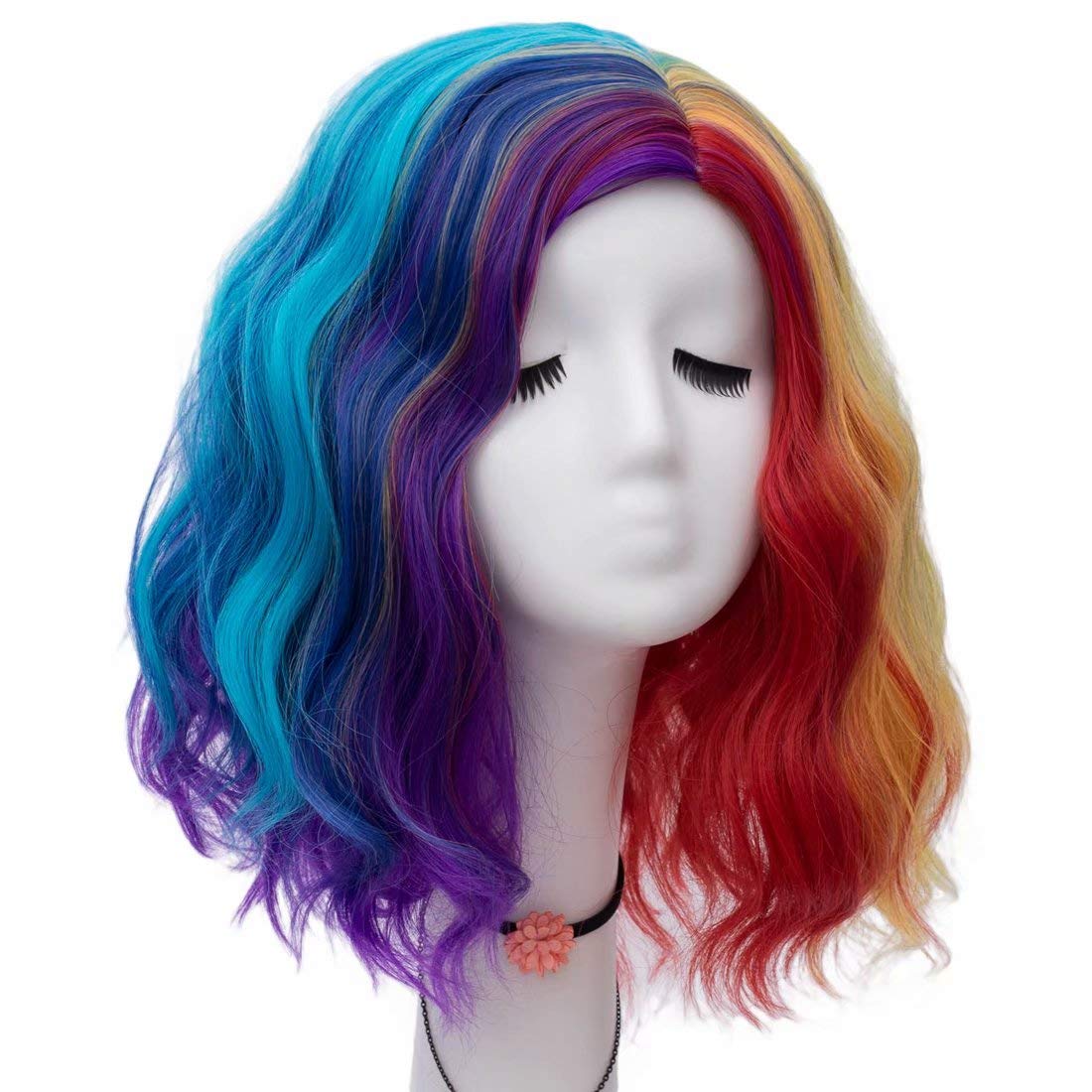 Women 16 Inches Middle Length Water Wave Rainbow Colorful Fashion Daily Cosplay Wig