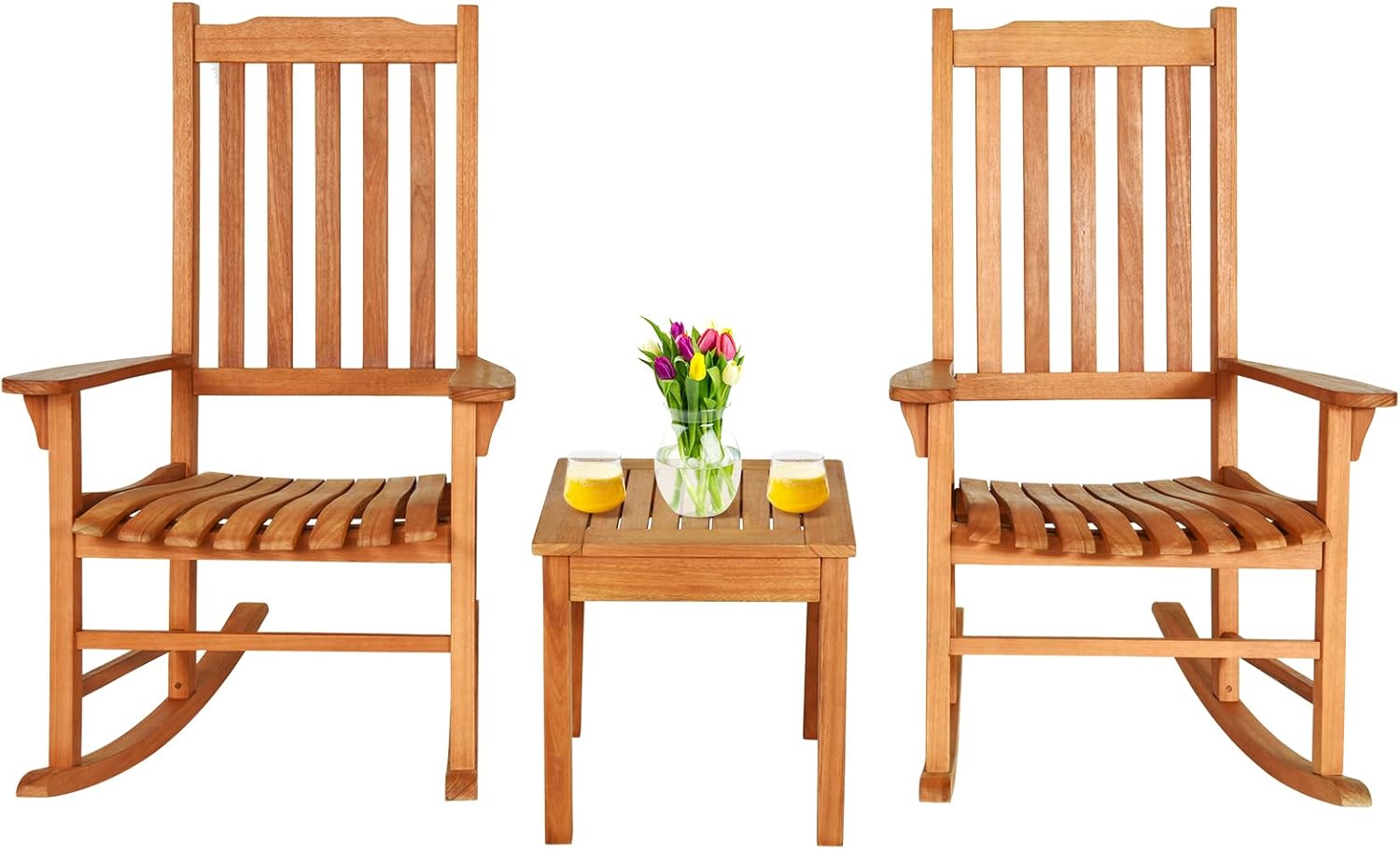 HAPPYGRILL 3 Pieces Outdoor Wood Rocking Chair Set, Patio Bistro Set Outdoor Porch Conversation Set with Coffee Table and 2 Rocking Chairs